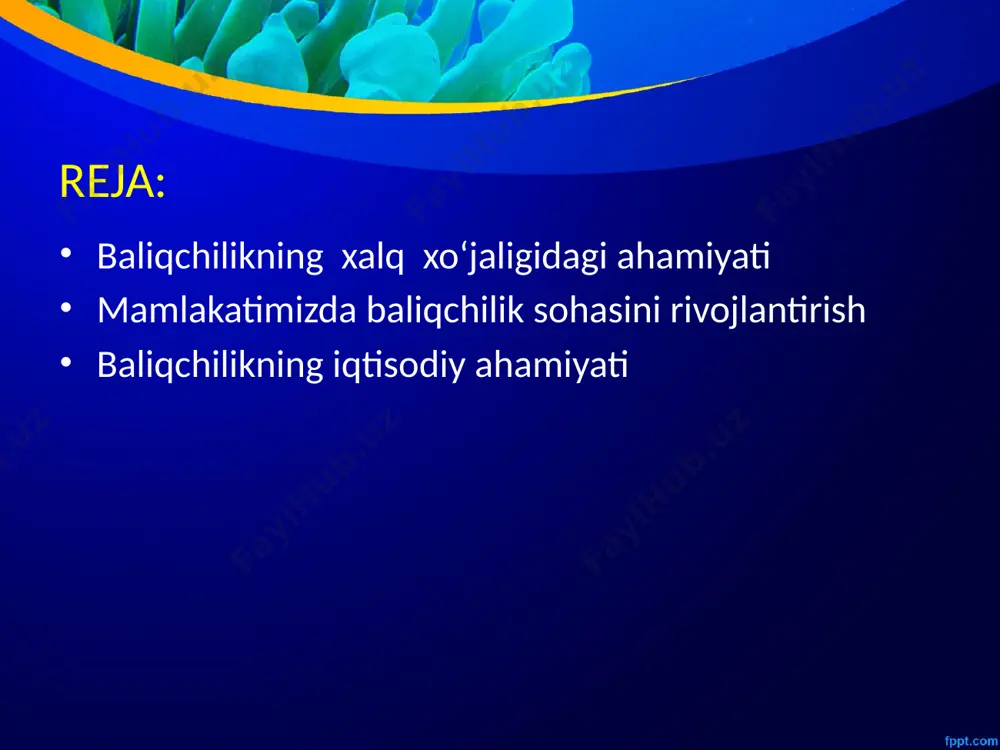 r darajalari kamaymoqda.baliq zaxiralari va dunyoning ko’plab mintaqalarida ish bilan ta’minlash tashkilotlari tomonidan hisobot qilinib, shahzoda charlzxalqaro barqarorlik bo'limi, nyu-yorkda joylashgan atrof-muhitni muhofaza qilish jamg'armasi va 2014 yil iyul oyida nashr etilgan global baliqchilik yiliga dunyoga 270 milliard aqsh dollari qo'shmoqda. yaim, ammo barqaror baliq ovlashni to'liq amalga oshirish orqali bu ko'rsatkich 50 milliard aqsh dollarigacha ko'tarilishi mumkin.tijorat va tabiiy baliq ovidan tashqari, rekreatsion (sport) baliq ovlash ko'plab mintaqalarda mashhur va iqtisodiy ahamiyatga ega. prezidentimizning 2020 yil 29 avgustdagi ”baliqchilik tarmog‘ini qo‘llab-quvvatlash va uning samaradorligini oshirish chora-tadbirlari to‘g‘risida”gi qarori baliq mahsulotini sanoat usulida yetishtirish, qayta ishlashda tarmoq korxonalari katta imkoniyat yaratdi. qarorga asosan baliq yetishtiruvchi sub’yektlar tomonidan suv iste’moli uchun to‘lanadigan soliq turlarida imtiyozlar berilmoqda. hozirda samarqand viloyatida 458 ta baliqchilik xo‘jaligi mavjud va ularga 8 ming 972 gektar suvli maydon ajratilgan. shundan, 7 ming 479 gektari tabiiy va 1493 gektari sun’iy suv havzalari hisoblanadi. joriy yilda viloyat bo‘yicha 30 …