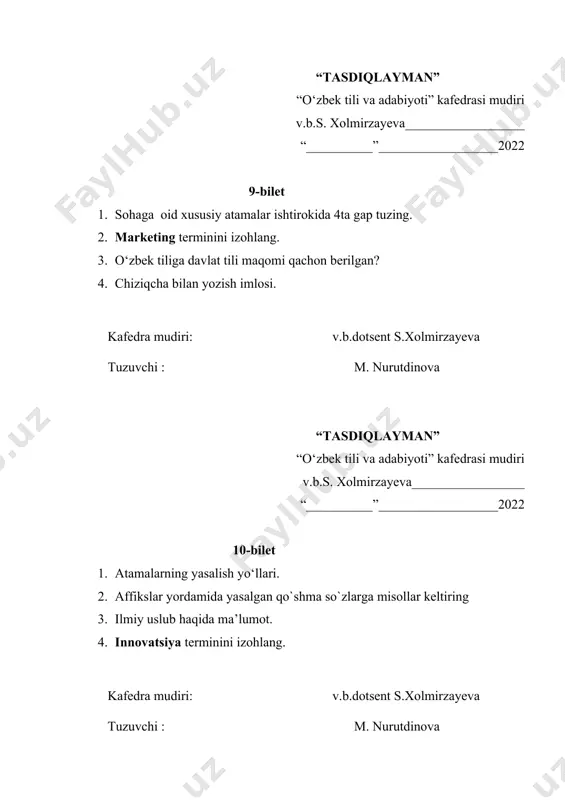 tor terminini izohlang. kafedra mudiri: v.b.dotsent s.xolmirzayeva tuzuvchi : m. nurutdinova “tasdiqlayman” “o‘zbek tili va adabiyoti” kafedrasi mudiri v.b.s. xolmirzayeva_________________ “__________”__________________2022 23-bilet 1. bosh harflar imlosi 2. so’zlashuv uslubining o`ziga xosligi 3. chiziqcha bilan yoziladigan so‘zlarga misol keltiring. 4. sohaga oid matn tuzish. kafedra mudiri: v.b.dotsent s.xolmirzayeva tuzuvchi : m. nurutdinova “tasdiqlayman” “o‘zbek tili va adabiyoti” kafedrasi mudiri v.b.s. xolmirzayeva_________________ “__________”__________________2022 24-bilet 1. atama nima? 2. badiiy uslubning o`ziga xosligi. 3. adabiy til me’yorlari. 4. “men sevgan soha” mavzusida matn tuzing kafedra mudiri: v.b.dotsent s.xolmirzayeva tuzuvchi : m. nurutdinova “tasdiqlayman” “o‘zbek tili va adabiyoti” kafedrasi mudiri v.b s xolmirzayeva____________________ “__________”__________________2022 25-bilet 1. atamalarning yasalishi 2. so`zlashuv uslubining o`ziga xosligi. 3. sohaviy atamalar ishtirokida gaplar tuzing. 4. juft so’zlarga misol keltiring kafedra mudiri: v.b.dotsent s.xolmirzayeva tuzuvchi : m. nurutdinova “tasdiqlayman” “o‘zbek tili va adabiyoti” kafedrasi mudiri v.b s xolmirzayeva____________________ “__________”__________________2022 26-bilet 1. adabiy til me’yorlari 2. publitistik uslubning o`ziga xosligi. 3. …