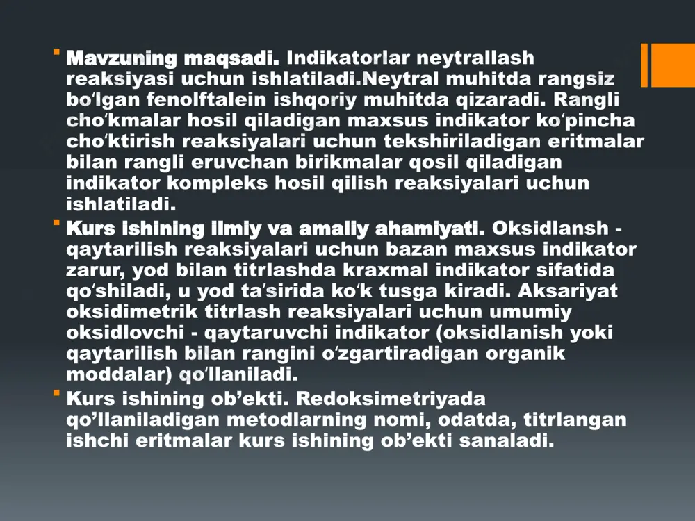 organik reagentlarni analitik kimyoda qo‘llanishi, birinchi bor, 1885-yilda rus olimi m.a.ilinskiy, co3+ ionini ochish uchun, α-nitrozo, β-naftol reagentini qo‘llash bilan boshlangan. taxlilda qo`llaniladigan organik reagentlarga qo`yiladigan talablar: oz eruvchan kompleks birikma hosil qilishi; xosil bo`ladigan kompleksning barqarorlik doimiysi katta bo`lishi kerak; organik reagent suvda eruvchan bo`lishi kerak. ii bob. tajriba qismi 2.1. oksidlanish – qaytarilish usulida qo‘llaniladigan indikatorlar oksidlovchi, qaytaruvchi yoki ayrim metall ionlari ta’sirida o‘z rangini keskin o‘zgartiradigan organik reagentlar indikatorlar deyiladi. maqsadga ko‘ra indikatorlarni kislota-asos, oksidlanish-qaytarilish va metalloxrom turlari mavjud. indikator rangini o‘zgarishi uning molekulasi tuzilishini o‘zgarishi natijasida sodir bo‘ladi. masalan: kislota-asos indikatorlarining tarkibida vodorod ioni ta’sirida o‘zgaradi. konsentrlash va ajratish tushunchalari: dastlabki aralashma tarkibiy qismlarini bir biridan ajratish uchun bajarilgan amal ajratish, aralashmadagi mikrotarkibiy qismni konsentratsiyasini makrotarkibiy qismga nisbatan orttirish amali konsentrlash deb ataladi.uvchi funksional analitik gurux (fag) bo‘ladi. ajratish usullarini tasnifi makro va mikro tarkibiy qismlarning fizik va kimyoviy xossalarini farqiga asoslangan. moddalarni ajratish usullarining quyidagi …