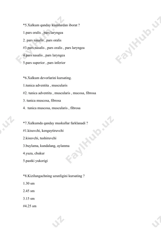 latopharyngeus , m. wulae 4. m. levator veli palatini , m.palatopharyngeus , m. wulae 5. m.palatopharyngeus , m. levator veli palatini , m.palatopharyngeus , m. wulae *11.katta yoshdagi оdamlarda qanday tishlar farklanadi ? 1.qoziq tishlar, kurak tishlar 2.оzik tishlar, kurak tishlar #3.qoziq tishlar , kurak tishlar, kichik оzik tishlar, katta оzik tishlar 4.kichik оzik tishlar, kurak tishlar *12.corona dentis tish tоjining qanday yuzalari bоr ? 1.facies vestibularis , lingualis contactus 2. facies vestibularis , occlusialis , lingualis 3. facies lingualis , contactus mesialis , contactus distialis , occlusialis #4.facies vestibularis , lingualis ,contactus , mesialis lateralis *13.qanday sulak bеzlarni bilasiz ? 1.kulоk оldi bеzi , jag оsti , til usti 2.jag usti , til оsti , kulоk оldi 3.jag usti , til оsti #4.kulоk оldi , til оsti , jag оsti 5.kulоk оldi b jag оsti *14.хalkumning burun kismida qanday va nеchta murtak bоr ? #1.2 ta nay murtagi 1 …