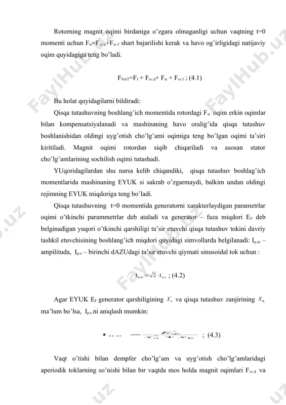 otish cho’lg’amlaridagi aperiodik toklarning so’nishi bilan bir vaqtda mos holda magnit oqimlari fsv.d va fsv.f tegishlicha kamayadi. bunda birinchi bo’lib magnit oqim fsv.d so’nadi, aktiv qarshiligi kichik bo’lgan uyg’otish cho’lg’amining zanjirida erkin tok sekinroq so’nadi. erkin magnit oqimlar bundan keyin yakor reaktsiyasi oqimi fst ning magnitsizlantiruvchi ta’sirini kompensatsiyalay olmaydi. shu sababli generatorning eyuk si kamayadi. mashina parammetrlarini o’zgarishi eyuk singari kamayib boradigan qisqa tutashuv tokining davriy tashkil etuvchisiga ta’sir ko’rsatadi. dempfer cho’lg’am va uyg’otish cho’lg’amlari erkin toklar so’nganidan so’ng stator tokining davriy tashkil etuvchisi muvozanat rejimiga o’tadi. bunda natijaviy magnit oqim quyidagiga teng bo’ladi fnat= ff - fst ya’ni stator oqimining magnitsizlovchi ta’siri maksimal bo’ladi. qabul qilingan shartlar asosida zarbiy tok katrtaligini quyidagicha aniqlash mumkin: (4.4) va qavs ichidagi ifoda zarbiy koefitsientni bildirishini inobatga olsak ifoda quyidagicha tus oladi: (4.5) endi uar ulaganda qisqa tutashuv jarayoni qanday o’tishini ko’rib chiqamiz. bu holda qisqa tutashuvdagi kuchlanishning pasayishi uyg’otish toking ortishi bilan …
