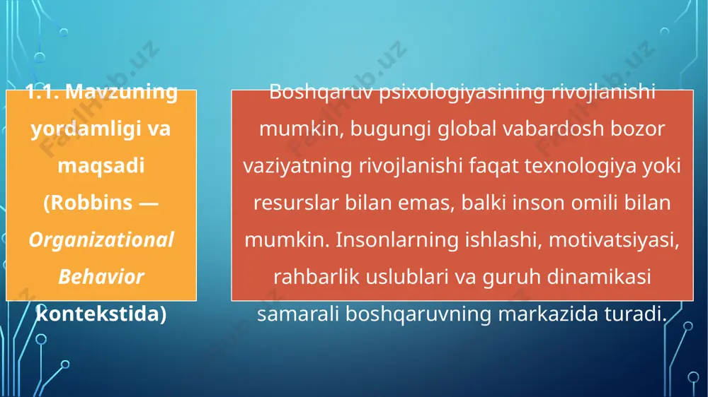 maydoni) ichida shakllanadi. bu maydonda shaxsiy muhitning his-tuyg'ularini, ijtimoiy muhitni o'ziga xos ta'sir qiladi. shu bois har qanday boshqaruv qarori yoki ichki insonning motivlari va o'zgarish ijtimoiy jarayon bilan tajriba' tuzatish kerak. guruh dinamikasi : lewin guruhini oddiy yig'indi emas, balki o'ziga xos mahsulotlarga ega ijtimoiy tizim sifatida talqin qiladi. uning tajribalari (masalan, rahbarlik uslublari — avtoritar, demokratik, laissez-faire taqqoslanishi) guruh xulq-atvorining rahbar psixologiyasi bilan qanday bog'liqligini ko'rsatgan. o'zgarish modellari (change model) : lewin tashkilotda o'zgarishni amalga oshirish uchun uch bosqichli modelni taklif etgan: unfreeze — mavjud holatni buzish, odatlarni qayta ko'rib chiqish; change — yangiliklarni joriy qilish; refreeze — yangi tizimni xavfsiz. bu model zamonaviy boshqaruv va change management nazariyalarida joriy bo'lib qolmoqda. 2.2. elton mayo va hawthorne tajribalari — inson omili va “human relations” harakati boshqaruv psixologiyasi tarixida elton mayo nomi “inson omili” tuzilishini ilmiy asoslash bilan chambachas bog'liqdir. u va uning hamkorlari 1924–1932 yillarda chikagodagi western electric …