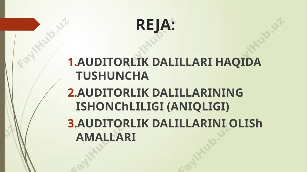 lanadi; v) auditorlik tashkiloti tomonidan bevosita yig`ilgan auditorlik dalillari xo`jalik yurituvchi sub’ektdan olingan auditorlik dalillaridan ko`ra ishonchliroq hisoblanadi; g) yozma ravishda olingan auditorlik dalillari og`zaki berilgan dalillardan ko`ra ishonchliroq hisoblanadi. turli manbalardan yig`ilgan auditorlik dalillari bir-biriga zid bo`lmasa, ishonchli hisoblanadi. agar bitta manbadan olingan auditorlik dalillari ketma-ketlikda bo`lmasa yoki turli manbalardan olingan auditorlik dalillari bir-biriga zid bo`lsa, auditorlik tashkiloti qo`shimcha, aniq dalillar olish imkonini beruvchi amallarni bajarishi zarur. agar auditorlik tashkiloti moliyaviy hisobot to`g`risida fikr bildirish uchun yetarli dalillar ololmayotgan bo`lsa, u holda auditorlik xulosasini tuzishdan bosh tortishi kerak. xo`jalik yurituvchi sub’ekt (buyurtmachi) auditorlik tashkilotining auditorlik dalillarini olishi uchun zarur bo`lgan amallarni bajarishiga to`siq bo`luvchi harakat yoki harakatsizlik qilishga haqli еmas. xo`jalik yurituvchi sub’ekt vakillari yoki uchinchi shaxslar auditorlik tashkilotining auditorlik dalillarini olish maqsadida amallar bajarishiga to`siq bo`luvchi harakatlarni yoki harakatsizliklarni amalga oshirgan hollarda auditorlik tashkiloti auditorlik tekshiruvini o`tkazishdan bosh tortishga haqli auditorlik dalillarini olish auditorlik dalillarini xo`jalik yurituvchi sub’ektning …