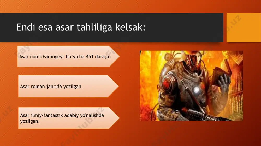 , ayniqsa klarissa bilan uchrashgandan so'ng, u va uning rafiqasi bir-birlaridan ajralib turadigan turli xil hayot kechirishayotganini payqashni boshladi. ularning farzandlari yo'q edi. gayning hayotidagi burilish quyidagicha ro’y berdi: bir ayol o'z uyida kitoblar bilan bo'lishishni xohlamagani uchun yonib ketdi. bu voqeadan so’ng gay o’z-o’zini savolga tutdi. o't o'chiruvchilarning faoliyati oldin qanday edi? gay nima bo'lganidan xavotirga tushdi va hatto ishlashni to'xtatdi.u bu jamiyatga qarshi kurashishni boshladi. klarissa esa avtohalokat tufayli vafot etdi. gay xizmat qiladigan inson uni uyiga tashrif buyuradi. jamiyatdan ajralib turmaslik kerakligini va kitoblar odamlarni yaxshilikka chorlamasligini uqtiradi. shuning uchun ular kitoblar bilan kurashishadi, chunki kitoblar ongni uyg'otishi mumkin. agar odamlar aqlli bo'lib, aqllarini rivojlantira boshlasalar, unda jamiyat o'rnatilgan boshqaruv modeliga qarshi kurashishni boshlaydi. gayning uyida kitoblar saqlangan edi. montag ularni olovdan saqlab qolgan va birma-bir tanishishni boshlaydi. u mildredga o'qishni taklif qiladi. tez orada u faber bilan uchrashdi. bu o'zgacha fikrda bo'lgan professor kitoblarni o’qib eslab …