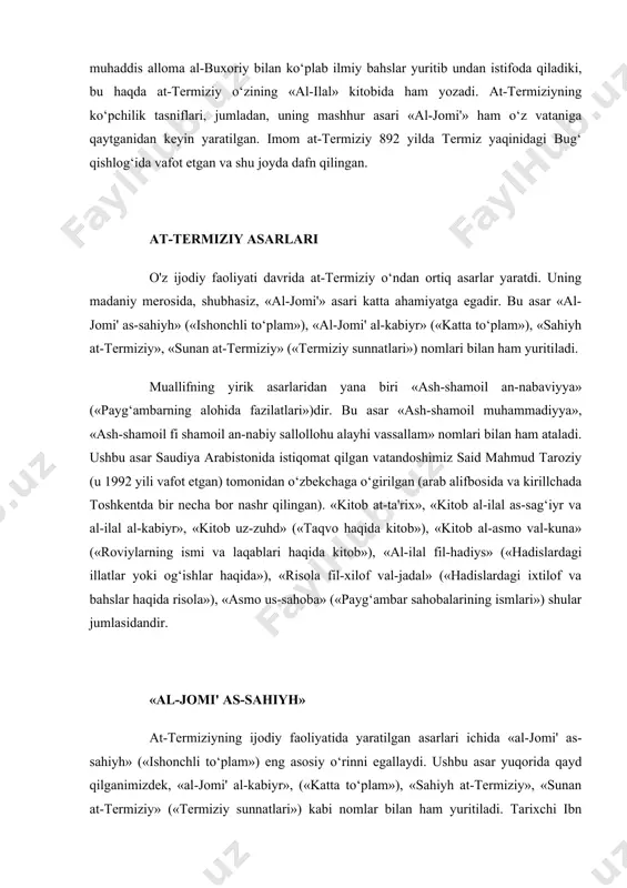 m yuritiladi. muallifning yirik asarlaridan yana biri «ash-shamoil an-nabaviyya» («payg‘ambarning alohida fazilatlari»)dir. bu asar «ash-shamoil muhammadiyya», «ash-shamoil fi shamoil an-nabiy sallollohu alayhi vassallam» nomlari bilan ham ataladi. ushbu asar saudiya arabistonida istiqomat qilgan vatandoshimiz said mahmud taroziy (u 1992 yili vafot etgan) tomonidan o‘zbekchaga o‘girilgan (arab alifbosida va kirillchada toshkentda bir necha bor nashr qilingan). «kitob at-ta'rix», «kitob al-ilal as-sag‘iyr va al-ilal al-kabiyr», «kitob uz-zuhd» («taqvo haqida kitob»), «kitob al-asmo val-kuna» («roviylarning ismi va laqablari haqida kitob»), «al-ilal fil-hadiys» («hadislardagi illatlar yoki og‘ishlar haqida»), «risola fil-xilof val-jadal» («hadislardagi ixtilof va bahslar haqida risola»), «asmo us-sahoba» («payg‘ambar sahobalarining ismlari») shular jumlasidandir. «al-jomi' as-sahiyh» at-termiziyning ijodiy faoliyatida yaratilgan asarlari ichida «al-jomi' as-sahiyh» («ishonchli to‘plam») eng asosiy o‘rinni egallaydi. ushbu asar yuqorida qayd qilganimizdek, «al-jomi' al-kabiyr», («katta to‘plam»), «sahiyh at-termiziy», «sunan at-termiziy» («termiziy sunnatlari») kabi nomlar bilan ham yuritiladi. tarixchi ibn xajar al-asqaloniyning yozishicha, at-termiziy ushbu asarini 270 hijriy (884 melodiy) yilda, ya'ni …