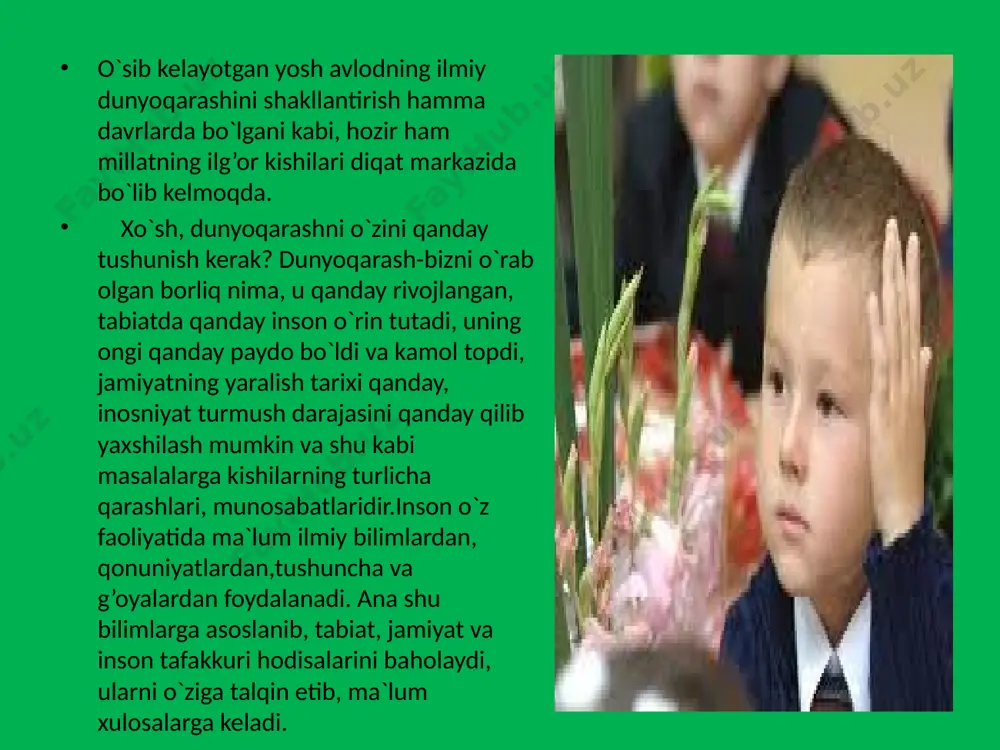emasligini, bu o`zgarishlarning faol ishtirokchilari bo`lishlik, tahlil yo`li bilan umumlashtira bilishni talab qiladi. . aql va bilim tajriba orqali qo`lga kiradi. demak, bilimli odam aqlli, mulohazali ham bo`ladi. biroq, ilmiy dunyoqarashni shakllantirishda gen (zot) ning ham juda ahamiyati katta. oldingi yevropalashtirilgan ta`lim va tarbiya uslubimizda qilingan xatolardan eng buyugi, bizningcha, zotga e`tibor bermaslik bo`lib, biz ta`lim oluvchining qobiliyatiga, uning zotiga e`tibor berib o`tirmay, agar yetarli bilimni bersak kutilgan shaxs shakllanaveradi, deb o`ylashimiz kerak edi o`zbekiston prezidenti i. karimovning bozor iqtisodiga o`tishda o`zbekistonning o`z taraqiyot yo`li borligi haqidagi 5 tamoyilini bilish ilmiy dunyoqarashni muhim elementidir.bular: 1) iqtisodning siyosatdan ustun bo`lishligi; 2) iqtisodni boshqarishda davlat asosiy isloxotchi bo`lishi; 3) qonunga hammaning itoat qilishligi; 4) kuchli ijtimoiy siyosat yurgizib, aholini kam ta`minlangan qismini ijtimoiy muhofaza qilish; 5) bozor iqtisodiga o`tishda shoshma-shosharlikka yo`l qo`ymay bosqichma-bosqich o`tish kabilardir. ilmiy dunyoqarashni amalga oshirishda kishi narsa va buyumlarning, voqea va hodisalarning ko`rinib turgan ifodasiga, shakliga qarab emas, …
