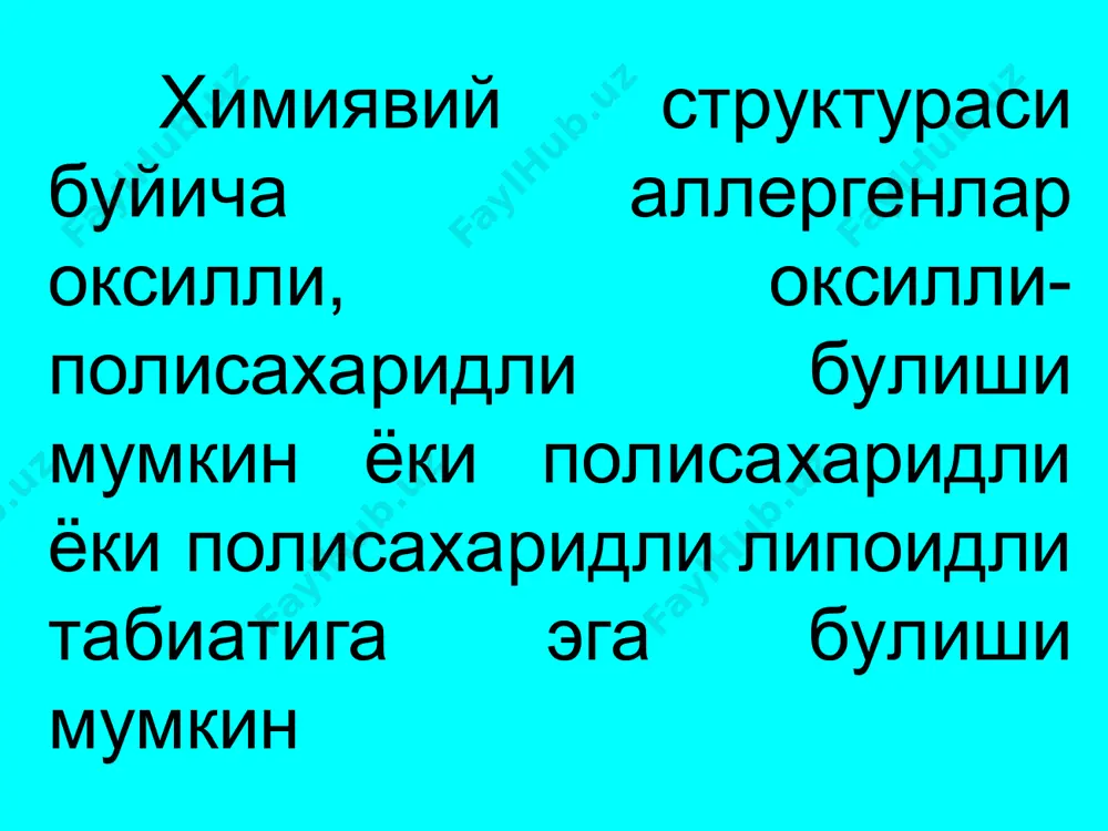 иниб урганилади: актив пассив актив сенсибилизацияда организм антиген билан иммунизация килинган пайтда хусусий иммунокомплементлар томонидан антитело ишлаб чикарилади. пассив сенсибилизацияда реципиент организмга, сенсибилизацияланган организмдан зардоб олиб, тайёр антитело юбориб сезувчанлик орттирилади. десенсибилизация анафилактик шокдан сунг денгиз чучкаси улмасдан колса анча вактгача антигенга нисбатан рефрактор булиб колади. сенсибилизация холатидан чикишга десенсибилизация ходисаси дейилади. анафилаксик патогенези: гуморал целлюлер нерв-рефлектор патергик адонинг пилиергик назарияси: иммунобиологик фаза юборилган антигенга нисбатан антитело; патохимическая фаза антиген антитело комплекси хосил булиши натижасида биологик актив моддалр хосил булиши; патофизиологик фаза медиаторлар таъсирида турли структураларни узгариши; анафилактик реакциялар пайтида ажраладиган медиаторлар медиаторларни номи асосий манбаси таъсир механизми гистамин базофиллар, мастоцитлар контомирларини кенгайтиради капиллярларни утказувчанлигини оширади, бронхларни торайтиради серотонин ички орган хужайраларида синтезланиб тромбоцитларда сакланад юрак-кон томирлар фаолиятини тромбоцитар реакцияларни реагуляциясидаги иштироки булади эозинофилларни хемотоксик омили мостоцитларда эозинофиллардан вазоактив фермент- ингибиторларини ажралишини таъминлайди нейтрофилли хемотоксик омил мостоцитларда нейтрофиллардан ажралган субстанция яллигланиш билан жавобининазорат килади гепарин мостоцит эозинофиллар гистамин ажралишини назорат …