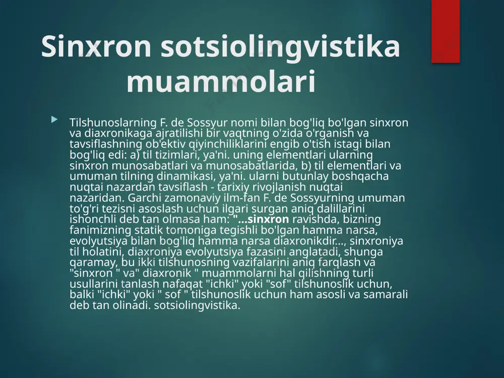 imizni to'ldiradigan va kengaytiradigan yangi fan. agar tarkibiy tilshunoslik bitta tilni tahlil qilishda tarkibiy o'zgaruvchanlikni o'rganishni afzal ko'rgan bo'lsa, unda sotsiolingvistika jamiyatdagi tilning funktsional o'zgaruvchanligini o'rganishga e'tibor qaratadi, bu tilga turli xil ta'sir ko'rsatadi va o'z navbatida til tomonidan bilvosita ta'sir ko'rsatadi. sotsiolingvistikaning kontseptual apparati jadal rivojlanmoqda. ijtimoiy va lingvistik tuzilmalar o'rtasidagi yozishmalarni topishga intilayotgan va tilni rasmiy tahlil qilish usullarini sotsiolingvistik toifalarga o'tkazishga intilayotgan amerikalik sotsiolingvistlarning urinishlari ma'lum darajada ijtimoiy omillarning nutq xatti-harakatlariga ta'sir qilish mexanizmini o'rganishga yordam beradi. ammo, turli pozitivistik tushunchalar – neo-xulq-atvor, fenomenologik falsafa va boshqalarning kuchli ta'sirini boshdan kechirish. xulosa qilib aytish kerakki, sotsiolingvistika keng shug'ullanadigan tilning ijtimoiy konditsionerligini o'rganish tilning tabiatiga yanada chuqurroq kirib borishga, uning jamiyatda ishlash shartlarini aniqlashga yordam beradi, chunki tilning ijtimoiy funktsiyalari va til tizimi o'rtasida chuqur va bevosita aloqalar mavjud. sotsiolingvistikaning mazmuni, har qanday ijtimoiy fan singari, ma'lum bir falsafiy asosga bog'liq. amerika sotsiolingvistika maktabi ijtimoiy jarayonlarni sub'ektiv va …