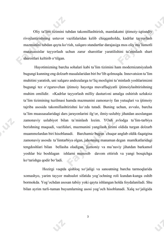 siy xomashyo bo‘lib xizmat qiladi. yog’ochning ko‘p ishlatilishiga sabab, uning yuqori fizika-kimyoviy xossalari, yaxshi ishlanuvchanligi, shuningdek, kimyoviy va mexanikaviy ishlov berish yo‘li bilan yog’ochning ayrim xossalarini samarali o‘zgartirishning usullari mavjudligidir. yog’och oson ishlanadi va issiqlik o‘tkazuvchanligi past, etarli darajada mustahkam, zarba hamda tebranish nagruzkalariga yaxshi qarshilik ko‘rsatadi, quruq sharoitda uzoq vaqt chidaydi. yog’och quruq sharoitda uzoq vaqt chidaydi, shu bilan birgalikda yog’ochning kamchiliklari ham mavjud, u yonadi, chiriydi, hashorat va zamburug‘lar ta’sirida emiriladi. gikroskopligi sababli shishadi va quriydi egiladi va yoriladi. yog’ochdan buyumlar tayyorlashda yelimlar, lak, bo‘yoqlar, pardozlash plyonkalari, plasmassalar va boshqa materiallardan ham foydalaniladi. masalan, yelimlangan yog’och foksirindida tayyorlanadi. yog’ochning xossalari hisobiga olingan holda undan qishloq xo‘jaligi va sanoatning turli sohalarida foydalaniladi. kurs ishining maqsadi: dars jarayonida o`quvchilarga ma’qul shart-sharoitlarini yaratish zamonaviy texnik-texnologik vositalarni kasb-xunar kolleji ustaxonalari moslashtirishni ilmiy metodik asoslarini yaratish. kurs ishining vazifalari: 1.yog’ochlarga ishlov berish yo`nalishidagi darslarni olib borish metodikasini yangi pedagogik texnologiya asosida ishlab chiqishni …
