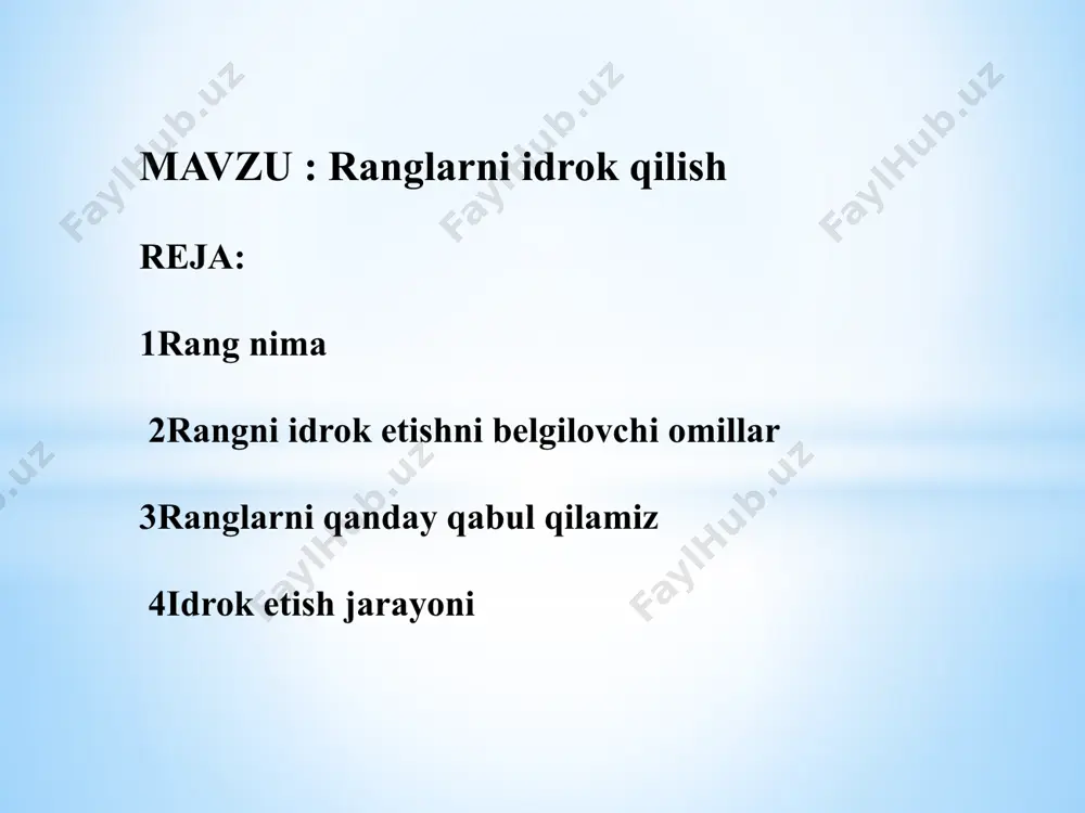: yashil rang. c)uzoq to'lqin: qizil rang. qolgan ranglar (bu uchtadan tashqari) bu uchta to'lqin uzunligini aralashtirish natijasida hosil bo'ladi. idrok etish jarayoni vizual idrok bilan belgilanadi vizual tizimning barcha bosqichlarida asabiy ishlov berish. bu boshqa o'zgaruvchilar qatorida konuslarga bog'liq. fiziologik darajada rangga moslashishda vizual pigmentlarning tanlab ranglanishi mavjud. bunga miyaning ma'lum bir sohasidagi o'ziga xos neyronlar, v4 maydoni, ekstrastriat korteksda joylashgan (ikkinchi darajali ko'rish korteksi) kiradi. striated neyronlar vizual stimulga javob beradi; bu javob to'lqin uzunligi bilan bog'liq (bu biz ko'radigan rang turini belgilaydi) va v4 neyronlarining reaktsiyasi idrok bilan bog'liq. rang turlari ranglarning ikki turi mavjud: 1. akromatik ushbu ranglarning rangi yo'q; bu qora, oq va kul ranglar haqida. miya darajasida va ko'zdan biz akromatik ranglarni qabul qilamiz retinada fotoreseptor hujayralar bo'lgan tayoqchalar (retseptorlar) kam yorug'lik sharoitida ko'rish uchun javobgardir. 2. xromatik xromatik ranglarning soyalari bor: ularning barchasi "boshqa ranglar", masalan, ko'k, qizil, yashil oldingilaridan farqli o'laroq, bu …