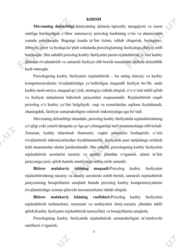 ri, metodlari va amaliy mexanizmlari. bitiruv malakaviy ishining amaliy ahamiyati:mazkur ishning amaliy ahamiyati shundan iboratki, unda ishlab chiqilgan nazariy xulosalar va tavsiyalar psixologlarning kasbiy faoliyatini samarali tashkil etishda, ta’lim jarayonida, kadrlar tayyorlash tizimida, shuningdek, amaliy psixologlar faoliyatida foydalanilishi mumkin. ish natijalari psixologning shaxsiy va kasbiy rivojlanishini ta’minlash, faoliyat samaradorligini oshirish hamda rejalashtirish madaniyatini shakllantirishga xizmat qiladi. bitiruv malakaviy ishining tarkibiy tuzilishi va hajmi: iii.bob 8 paragrf 50 sahifa xulosa va foydalanilgan adabiyotlardan tashkil topgan. i.bob. psixolog kasbiy faoliyatini rejalashtirish tushunchasi va uning nazariy asoslari 1.1. kasbiy faoliyatni rejalashtirishning psixologik va metodologik tamoyillari psixolog kasbiy faoliyatini rejalashtirish — bu uning shaxsiy va kasbiy imkoniyatlarini rivojlantirish, faoliyat samaradorligini oshirish hamda professional kompetensiyalarini takomillashtirishga yo‘naltirilgan ilmiy asoslangan jarayondir. rejalashtirish jarayonida psixolog o‘zining kelajakdagi faoliyatini belgilab oladi, aniq maqsadlar qo‘yadi, ularni amalga oshirish uchun strategiyalar ishlab chiqadi va faoliyat natijalarini baholash imkoniyatiga ega bo‘ladi. kasbiy faoliyatni rejalashtirishning psixologik tamoyillari, avvalo, inson shaxsining rivojlanishi, motivatsiyasi, …