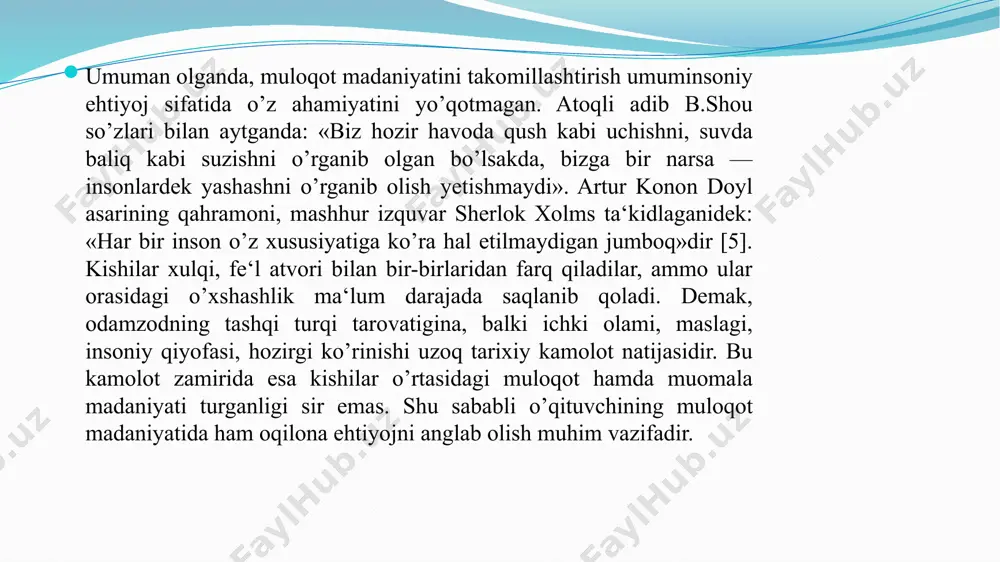 niyatiga, etikasi va odob-axloqiga, dilkashligiga, muosharat odobiga alohida talablar qo’yiladi. ushbu fazilatlar o’qituvchining sinf jamoasida, ota-onalar bilan muloqot qila bilishida, o’quvchilar bilan aniq maqsadni ko’zlagan holda tarbiyaviy faoliyatni tashkil etishida va ularni boshqara olishida muvaffaqiyatlar garovidir. kasbiy faoliyatning noyob fazilati bo’lmish pedagogik muloqot madaniyatiga amal qiladigan yosh o’qituvchi quyidagi xususiyatlarni o’zida mujassamlashtirishi lozim: - mamlakatimizning ijtimoiy-siyosiy talablari va ehtiyojlariga mos bo’lgan yuksak ma’naviyat darajasidagi qarashlar, kuchli va barqaror e’tiqod, davlatimiz ideallari, milliy g’oya va mafkurasiga sodiqlik, vatanparvarlik, fidoyilik tuyg’ulari shakllangan ijtimoiy-siyosiy faol shaxs; - o’quvchilarga samimiy mehr–muhabbat, ularning har qanday ehtiyojlari, qiziqishlari, hatti-harakatlari motivlarini, xulq-atvorlarini tushunish ko’nikmasi va malakasining shakllanganligi; - jamiyatda ro’y berayotgan hodisalar, jahonda ro’y berayotgan voqealar, tabiatga, borliqqa, shaxslararo, guruhlararo, millatlararo munosabatlarga nisbatan pedagogik kuzatuvchanlik, yangilikka, ijodiy izlanishga nisbatan intilish qobiliyatining mavjudligi; - pedagogik faoliyatning barcha jabhalarida odamlarning hatti-harakatlari, munosabatlaridagi xususiyatlarni oqilona tushunish, o’z faoliyatiga nisbatan refleksiv munosabatni tarkib toptirish; - har qanday favqulotda vaziyatlarga, jamiyatda ro’y …