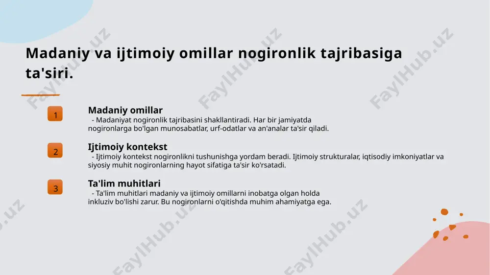 ini ta'minlash maqsadida ishlab chiqilgan. 02 ta'limda moslashuv ta'lim jarayonida nogironlar uchun maxsus usullar va resurslar joriy etilishi, ularning individual ehtiyojlariga mos keladigan muhit yaratadi. 03 o'qituvchilar tayyorgarligi o'qituvchilarni inkluziv ta'limga tayyorlash nogironlar bilan ishlashda zaruriy ko'nikmalarni egallashlarini ta'minlaydi, pedagogik yondashuvlarni boyitadi. 04 jamiyatda qabul qilish inkluziv ta'lim nogironlarni jamiyatda qabul qilishni kuchaytiradi, ularning ijtimoiy integratsiyasini ta'minlaydi va salbiy stereotiplarni kamaytiradi. kognitiv rivojlanish: vygotskiy nazariyasining ahamiyati. vygotskiy nazariyasi l.s. vygotskiy nazariyasi kognitiv rivojlanishni ijtimoiy va madaniy kontekstda tushuntiradi, bu esa o'quv jarayonida muhim ahamiyatga ega. jamiyatning roli vygotskiyga ko'ra, kognitiv rivojlanish ijtimoiy aloqalar orqali amalga oshadi. jamiyat va atrof-muhit ta'siri, o'quvchilarni rivojlantirishda muhimdir. madaniy asboblar vygotskiyning fikricha, madaniy asboblar (til, belgilar, o'yinlar) kognitiv jarayonlarni qo'llab-quvvatlashda muhim rol o'ynaydi va fikrni rivojlantiradi. inkluziv ta'lim vygotskiy nazariyasi inkluziv ta'limda kognitiv qobiliyatlarni rivojlantirish uchun turli strategiyalarni taklif etadi, bu esa har bir o'quvchining ehtiyojlariga mos keladi. ijtimoiy kontekst va ta'limda nogironlikni qabul qilish. …
