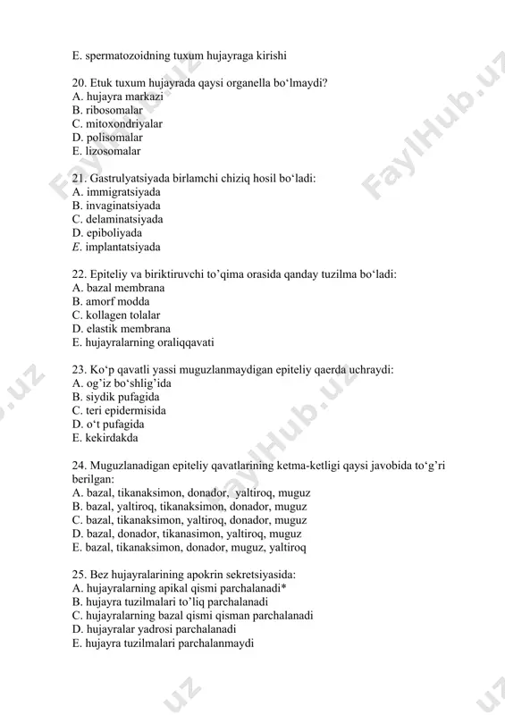 hlab hujayralarning bo‘linishi kuzatilmaydi a. metamielotsit. b. mieloblast c. promielotsit d. mielotsit e. segment yadroli granulotsit 36. osteon bu: a. naysimon suyakning struktur-funksional birligi. b. suyak to’qimasining hujayrasi c. suyak to’qimasining oraliq moddasi d. suyak to’qimasining rivojlanish manbai e. osteogen hujayralar 37. mononuklear fagotsitlar sistemasining hujayralari: d. makrofaglar, osteoklastlar, fibroklastlar, mikrogliya. a. osteoklastlar, fibroklastlar, mikrogliya, to’qima bazofillari b. makrofaglar, fibrotsitlar, plazmatik hujayralar, limfotsitlar c. peritsitlar, osteoblastlar, mikrogliya e. o‘troq makrofaglar, bazofillar, limfotsitlar, limfoblastlar 38. plazmatik hujayralarga yahshi rivojlangan organellani aniqlang: a. donador endoplazmatik to‘r. b. ribosoma va polisomalar c. golji kompleksi d. mitoxondriya e. lizosoma. 39. siyrak tolali biriktiruvchi to’qimaning hujayraviy tarkibini aniqlang: b. fibroblastlar, retikulyar hujayralar, semiz hujayralar. a. fibroblastlar, xondroblastlar, neyrotsitlar c. osteotsitlar, gliotsitlar, endoteliotsitlar d. retikulotsitlar, endoteliotsitlar, osteoblastlar e. osteoklastlar, gliotsitlar, gistiotsitlar 40. makrofaglarga yahshi rivojlangan organellani aniqlang: b. lizosomalar. a. donador endoplazmatik to‘r c. ribosoma va polisomalar d. golji kompleksi e. mitoxondriyalar 41. geparin va gistamin …