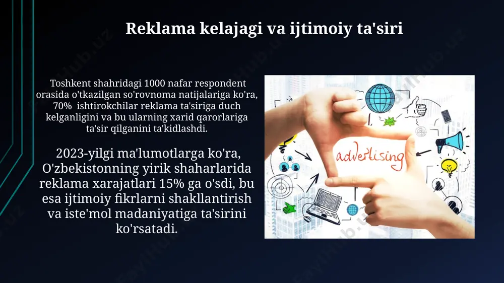 timoiy tengsizlikni kuchaytiradi. dunyoning 10 ta yirik shaharida o'tkazilgan so'rovnomalar natijalariga ko'ra, reklama 50%dan ortiq aholi orasida iste'molchilik madaniyatini shakllantirib, axloqiy qadriyatlarning pasayishiga olib keladi. reklama va atrof-muhit dunyo bo'ylab 30% dan ortiq chiqindilar reklamalar va ularning qadoqlash materiallaridan iborat bo'lib, bu esa, ayniqsa, rivojlanayotgan mamlakatlarda, atrof-muhit ifloslanishiga olib keladi. o'zbekistonning yirik shaharlarida, masalan, toshkent va samarqandda, reklamalarni joylashtirish uchun ko'plab daraxtlar kesilmoqda, bu esa yashil maydonlarning 15% ga kamayishiga olib kelishi mumkin. reklama va madaniy xilma-xillik reklama, 2022-yilgi ma'lumotlarga ko'ra, o'zbekistonning 30 dan ortiq shaharlarida 500 dan ziyod turli madaniy guruhlarni o'z ichiga olgan keng auditoriyaga ta'sir ko'rsatadi, bu esa madaniy xilma-xillikni aks ettirishda muhim rol o'ynaydi. milliy va mintaqaviy tillardagi reklama kampaniyalari sonining o'sishi (masalan, 2021 yildagi 15% ga nisbatan 2023 yilda 25%), madaniy integratsiya va o'zbekistonning turli hududlaridagi madaniy boyliklarni namoyish etishda muhim ahamiyatga ega. reklama va ijtimoiy tengsizlik reklama, ayniqsa, rivojlangan mamlakatlarda, masalan, aqshda, yillik 200 …
