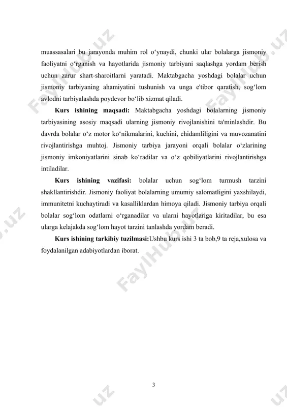 alanilgan adabiyotlardan iborat. i-bob. maktabgacha yoshdagi bolalarning jismoniy tarbiyasi nazariyasi va ahamiyati. 1.1.jismoniy tarbiyaning maktabgacha yoshdagi bolalar rivojlanishidagi o‘rni. jismoniy tarbiyaning maktabgacha yoshdagi bolalar rivojlanishidagi o‘rni juda muhimdir. ushbu davrda bolalar tez rivojlanadi va ularning jismoniy faoliyati, hissiy va ijtimoiy ko‘nikmalari shakllanadi. jismoniy tarbiya bolalarning sog‘lom o‘sishi va rivojlanishi uchun zaruriy omil bo‘lib, ularning jismoniy salomatligini ta'minlaydi, shuningdek, ruhiy va hissiy holatiga ham ijobiy ta'sir ko‘rsatadi.maktabgacha yoshdagi bolalar harakat qilish, o‘ynash va o‘rganish orqali jismoniy ko‘nikmalarini rivojlantiradilar. jismoniy tarbiya orqali bolalar mushaklarni kuchaytirish, muvozanatni saqlash, tezlik va chaqqonlikni oshirish imkoniyatiga ega bo‘ladilar . bu jarayonda o‘yinlar va harakatli mashg‘ulotlar bolalarning qiziqishini oshiradi, shuningdek, ularning ijtimoiy ko‘nikmalarini ham rivojlantiradi.bundan tashqari, jismoniy tarbiya bolalarning hissiy holatini mustahkamlashga xizmat qiladi. harakatlar va o‘yinlar orqali bolalar o‘z hissiyotlarini ifoda etishni, g‘azab yoki xursandchilik kabi his-tuyg‘ularini boshqarishni o‘rganadilar. bu jarayon ijtimoiy munosabatlarni o‘rnatishda ham muhim rol o‘ynaydi, chunki bolalar o‘zaro hamkorlik qilish, o‘rtoqlari bilan o‘ynash …