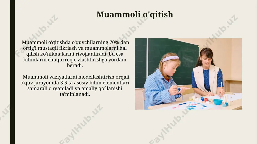 ga va motivatsiyalarining oshishiga olib keladi. baholash tizimining samaradorligi o'quvchilarning 70% dan ortig'i yaxshi va mukammal baholar olgan taqdirda yuqori deb baholanadi, bu esa o'qituvchilarning pedagogik mahoratini va qo'llanilgan uslublarning samaradorligini ko'rsatadi. maktab va oila hamkorligi oilaviy ta'lim va maktab dasturlarini muvofiqlashtirish orqali, o'quvchilarning 90% ga yaqini bilim va ko'nikmalarni yaxshiroq o'zlashtirib, o'qishdagi muvaffaqiyatlarini sezilarli darajada oshirishi mumkin. maktab va oila o'rtasidagi samarali hamkorlik, o'quvchilarning akademik ko'rsatkichlarini 15-20% ga oshirishga yordam beradi, bu esa psixologik test natijalari bilan tasdiqlangan. axborot-kommunikatsiya texnologiyalaridan foydalanish akt yordamida yaratilgan taqdimotlar va multimedia materiallar, matnli ma'lumotlarga nisbatan 5 barobar ko'proq esda qoladi va bolalarning bilim va ko'nikmalarini rivojlantirishga sezilarli hissa qo'shadi. onlayn ta'lim platformalari orqali 100 dan ortiq o'quvchiga bir vaqtning o'zida masofadan turib sifatli ta'lim berish imkoniyati mavjud bo'lib, geografik cheklovlarni bartaraf etadi va individual yondashuvni ta'minlaydi. zamonaviy ta'lim usullarining ahamiyati innovatsion texnologiyalar, shu jumladan vr/ar va sun'iy intellekt, ta'lim jarayonini 30% ga tezlashtirib, …