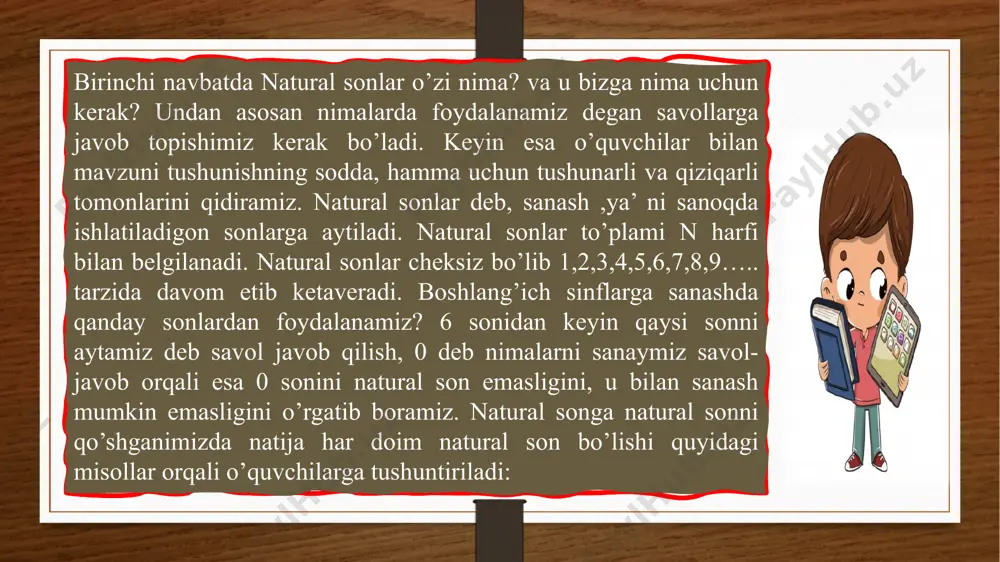 talik bilan tanlaydi. ta‘ r i f. ayrim yoki xususuy ma'lumotlarga tayanib umumiy xulosa chiqarishm induksiya deyiladi. chala induksiya metodi orqali chiqarilgan xulosa kopgina hollarda to'gri, ammo ayrim hollarda noto’g’ri bo'ladi. induksiya uch xil bo'ladi chala induksiya to'la induksiya matematik induksiya deduksiya metodi boshlang‘ich sinflarda induksiya metodi bilan uzviy bog‘liq holda deduksiya metodidan ham keng foydalaniladi. boshlang‘ich sinflarning yangi o‘qitish dasturi talablariga o‘tishi munosabati bilan deduksiya metodidan foydalanish chegaralari ancha kengaydi. odatdagi metodika deyarli induktiv metoddan foydalanishni, deduktiv metoddan foydalanishning cheklanganligini uqtirib turardi. deduksiya metodi bilishning shunday yo‘liki, bu yo‘l umumiyroq bilimlar asosida yangi xususiy bilimlarni olishdan iboratdir. 1+2=33 - 2=13 - 1=2 deduksiya bu, umumiy qoidalardan xususiy misollarga va konkret qoidalarga o‘tishdir. induktiv va deduktiv xulosalarga misollar keltiramiz. birinchi sinf o‘quvchilariga yig‘indi bilan qo‘shiluvchi orasidagi bog‘lanishni tushuntirish uchun bolalarni xulosaga induktiv yo‘l bilan olib kelamiz. ko‘rsatmalilikdan (har xil doirachalardan) foydalanib, oldin hamma doirachalar qanchaligi topiladi (1 +2 =3) deduksiya …
