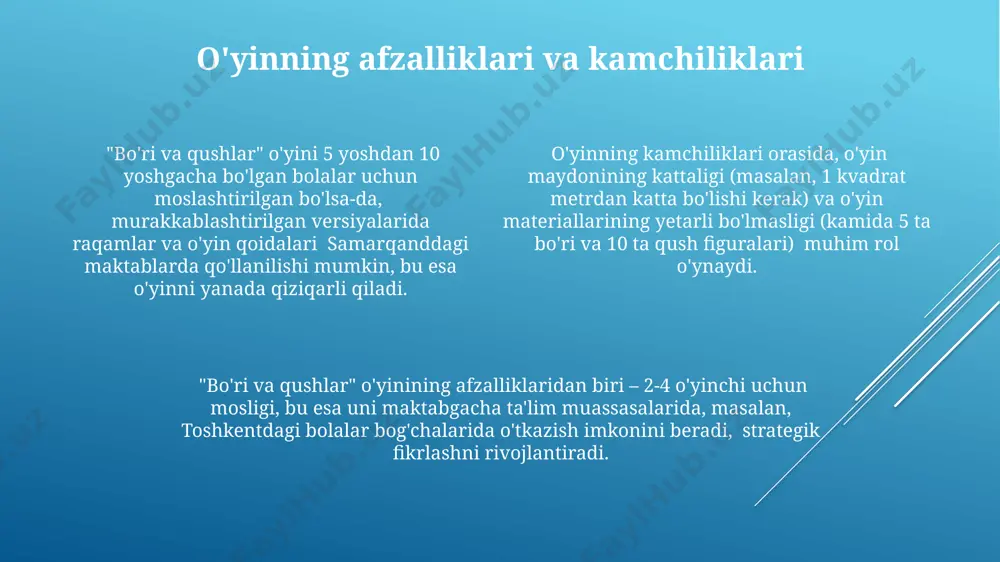 n qilib, 2 ta bo'rini chekka hududlarda, masalan, o'yin maydonining shimoliy va janubiy qismlarida joylashtirish, g'ozlarning himoyasini kuchaytiradi. o'yinda g'olib bo'lish uchun 7 ta bo'ri va 20 ta g'ozni samarali joylashtirish kerak, buning uchun 5x5 o'lchamdagi maydonning strategik nuqtalarini hisobga olish muhim. o'yinning ta'limdagi ahamiyati toshkent shahridagi pedagogika universiteti o’tkazgan tadqiqotlar shuni ko’rsatdiki, “bo’ri va qushlar” o’yini bolalarning ijtimoiy ko’nikmalarini, jumladan, jamoada ishlash va o’zaro hamkorlik qilish qobiliyatlarini rivojlantirishga 15% hissa qo’shadi. “bo’ri va qushlar” o’yini 5-7 yoshli bolalar uchun muhim aqliy jarayonlarni, xususan, mantiqiy fikrlash va muammo yechish ko’nikmalarini rivojlantirishda samarqanddagi maktabgacha ta’lim muassasalarida qo’llaniladi. o’yin davomida bolalar raqamlar bilan ishlashni, sonlarni taqqoslashni va geometrik figuralarni farqlashni o’rganadi, bu esa ularning matematik qobiliyatlarini 20% ga oshirishi mumkinligini tadqiqotlar ko’rsatmoqda. strategiya va taktika taktikaning muhim jihati, 7 ta harakatdan keyin raqibning holatini tahlil qilish va 3 ta mumkin bo’lgan hujum yo’nalishlarini aniqlashdir. bu buxoro uslubidagi taktikaga o’xshaydi. “bo’ri va g’ozlar” …