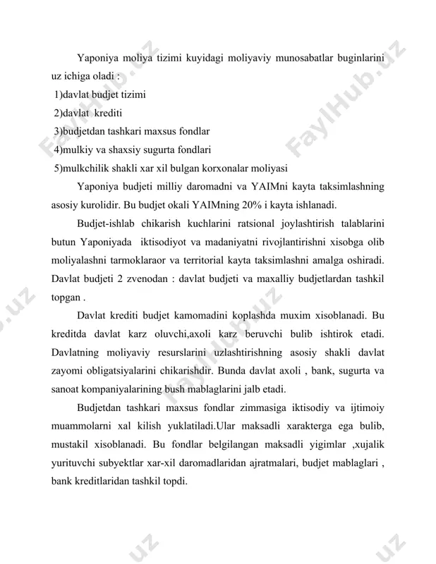 avlat zayomlari, budjetdan tashkari fondlar va maksdli fondlardan olinuvchi tushumlardan , ma’lum mikdorda munitsional mulkchiliklardan , uylar renshosidan ,suv bilan ta’minlash daromadlaridan , kommunal xujaliklardan xam yigiladi. davlat budjeti xarajatlari kuyidagi gruppalarga : xarbiy, iktisodiy siyosatga aralashuv , davlat boshkaruv apparatlarini saklash, rivojlanayotgan davlatlarga subsidiyalar va kreditlar berishlarga bulinadi.davlat byu.djetidagi asosiy xarajatlar militarizmga sarflar, iktisodiyotga va ijtimoiy xayotga aralashuv xisoblanadi.xarbiy xarajatlar davlat budjeti xarajatlarining 15-30 % ini tashkil etadi.tugri xarbiy xarajatlar kurollar ishlab chikarishga egri xarbiy xarajatlar xarbiy karzlarni tulashga ishlatiladi . davlat xarajatlariga yunaltiriladigan mablaglar asosan iktisodiy rivojlanishga sarflanadi bundan tashkari ilmiy tadkikotlar , xamkorlik xarajatlari va boshka ichki davlat xarajatlari xam ushbu mablaglardan kilinadi. · yaponiyada budjet loyixasin tuzish buyicha ishlar yangi budjet yili boshlanishiga kadar boshlanadi. u moliya vazirligi tomonidan ishlab chikiladi . budjet loyixasiga kuyidagi maksadlar : · iktisodiyotni kutarishda aktiv katnashish, resurslar kelishuvini ta’minlash mablaglar xarajatida tenglik va ustivorlikni ta’minlash budjet kamomadini koplash uchun manbaalar …