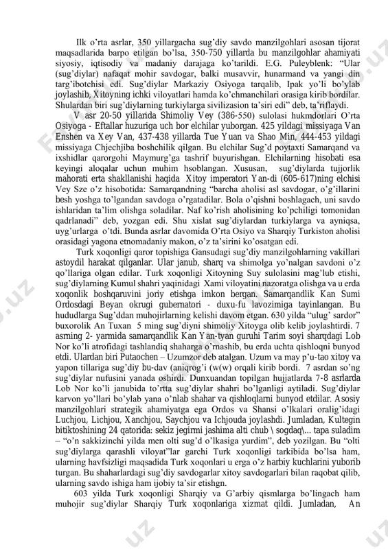 hga asos bo’lganligi juda qiziqarlidir. sug’d va xitoy munosabatlarning ilk o’rta asrlar davriga kelib rivoj topganligini manbalar bilan bir qatorda tasviriy san’an namunalari ham tasdiqlaydi. afrosiyob devoriy suratlarida sug’d hukmdorining xorijiy davlatlarning elchilarini qabul qilishi marosimi aks ettirilgan. manbalardagi ma’lumotlarga ko’ra, 718 yilda samarqand hukmdorining tan imperiyasiga jo’natgan sovg’a-salomlari orasida ko’k rangli «indigo» deb nomlanadigan bo’yoq ham bo’lgan. ma’lumki, xitoy va sug’d o’rtasidagi savdo aloqalarining rivojlanganligi va 753 yilda xitoy qog’ozi sug’dga aynan samarqandga keltirilganligi hamda ana shu asosda “samarqand qog’ozi” ishlab chiqarilgan. lekin bu ma’lumotda “samarqand qog’ozi” ning kirib kelishi sanasi noto’g’ri keltirilganligi ko’zga tashlanadi. aslida, xitoy qog’ozining kirib kelishi 751 yildagi talas jangi bilan bog’liq bo’lib, bu bir guruh xitoy jangchilari arablarga asir tushib samarqandga olib kelinadi. asirlar orasida qog’oz tayyorlash siridan xabardor bo’lgan hunarmandlardan “samarqand qog’ozi”ni tayyorlashda foydalanilgan. umuman olganda sug’d san’ati dunyo san’ati tarixiga juda katta hissa qo’shgan. bu o’lkada rassomchilik, haykaltaroshlik o’z taraqqiyotining yuqori cho’qqisiga …