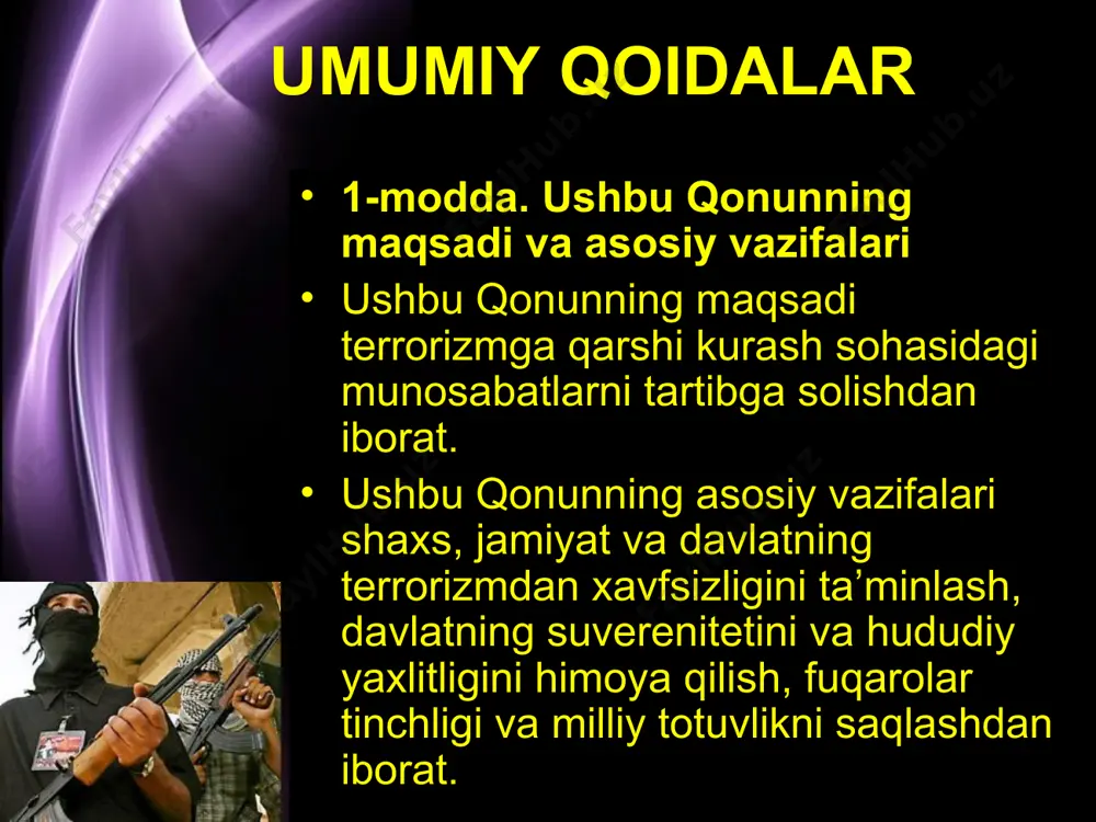 oshirishda ishtirok etayotgan shaxs; terrorchilik guruhi — oldindan til biriktirib terrorchilik harakatini sodir etgan, bunday harakatga tayyorgarlik ko’rgan yoki uni sodir etishga suiqasd qilgan shaxslar guruhi; terrorchilik tashkiloti — ikki yoki undan ortiq shaxsning yoki terrorchilik guruhlarining terrorchilik faoliyatini amalga oshirish uchun barqaror birlashuvi; terrorchilikka qarshi operastiya — terrorchilik harakatiga chek qo’yish va uning oqibatlarini minimallashtirish, shuningdek jismoniy shaxslarning xavfsizligini ta’minlash hamda terrorchilarni zararsizlantirishga qaratilgan, kelishilgan va o’zaro bog`liq maxsus tadbirlar majmui; page * 3-modda. terrorizmga qarshi kurash to’g`risidagi qonun hujjatlari terrorizmga qarshi kurash to’g`risidagi qonun hujjatlari ushbu qonun va boshqa qonun hujjatlaridan iboratdir. agar o’zbekiston respublikasining xalqaro shartnomasida o’zbekiston respublikasining terrorizmga qarshi kurash to’g`risidagi qonun hujjatlarida nazarda tutilganidan boshqacha qoidalar belgilangan bo’lsa, xalqaro shartnoma qoidalari qo’llaniladi. page * 4-modda. terrorizmga qarshi kurashning asosiy prinsiplari terrorizmga qarshi kurashning asosiy prinstiplari quyidagilardan iborat: qonuniylik; shaxs huquqlari, erkinliklari va qonuniy manfaatlarining ustuvorligi; terrorizmning oldini olish choralari ustuvorligi; jazoning muqarrarligi; terrorizmga qarshi kurash …