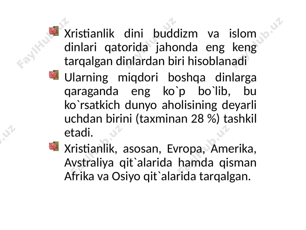 ing tug’ilgan qishlog’i – «nazaret» bilan bog’lab, nazroniya deb ham ataganlar. keyinchalik bu nom nasroniya shaklini olgan. iso masih o`z ta`limotini o`zining 12 o`quvchisi apostollar – havoriylarga o`rgatdi. ular esa isoning vafotidan keyin ustozlarining ta`limotlarini har birlari alohida-alohida tarzda kitob shakliga keltirdilar. bu kitoblar bibliyaning «yangi ahd» qismini tashkil etadi. xristianlik ta`limoti asosiy g’oyasi – isoning odamzodning xaloskori «messiya» ekanligi yahudiylikda mavjud bo`lib, oxiratga yaqin kelishi kutilayotgan xaloskor haqidagi ta`limotdan kelib chiqqandir. xristianlikda eng muhim sanalar 318 yilda o`g’il-xudo va ota-xudoning yagona mohiyati haqidagi cherkov ta`limotiga asos solindi. 324 yili xristianlik rim imperiyasida davlat dini deb e`lon qildi. 325 yili tarixda birinchi marta rim imperatori litsiniya imperiya hududidagi nikeya shahrida i butun olam xristian soborini (o`tkazilgan 21 sobordan birinchisi) chaqirdi. 381 yili konstantinopolda ii butun olam xristian sobori bo`lib o`tdi. 867 yillar orasida papa nikolay va istambul patriarxi fetiy orasida uzil-kesil ajraldi. 1054 yili rasman tan olindi. xvi asr boshlarida …