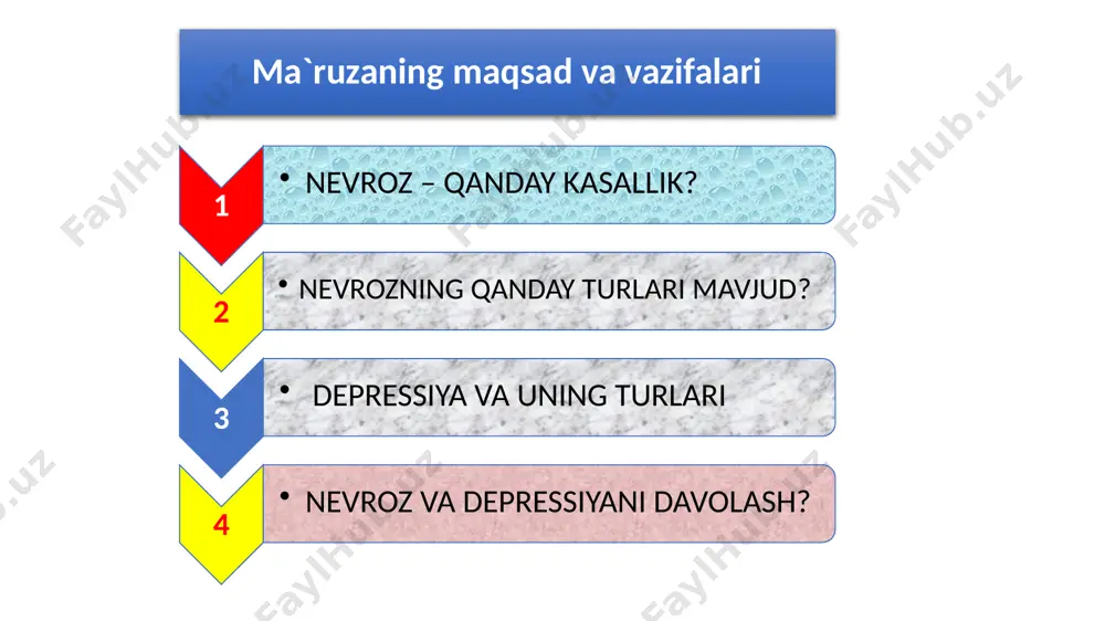 (davomi-f42) 4 f43 og‘ir stressga reaktsiya va moslashuvning buzilishi rubrikalar f43.0 – stressga o‘tkir reaktsiya f43.1 – posttravmatik stress buzilishlari f43.2 – moslashuv reaktsiyalarining buzilishi f43.8 – og‘ir stressga boshqa reaktsiyalar f43.9 – aniqlashtirilmagan og‘ir stressga reaktsiya kxt-10 bo`yicha nevroz tasnifi (davomi-f43) 5 f44 dissotsiativ (konversion) buzilishlar rubrikalar f44.0 – dissotsiativ amneziya f44.1 – dissotsiativ fuga f44.2 – dissotsiativ stupor f44.3 – trans va chidam f44.4 – dissotsiativ harakat buzilishlari f44.5 – dissotsiativ konvulsiyalar f44.6 – dissotsiativ anesteziya yoki sezishni qabul qilishning buzilishlari f44.7 – aralashgan dissotsiativ (konversion) buzilishlar f44.8 – boshqa dissotsiativ (konversion) buzilishlar f44.9 – aniqlashtirilmagan dissotsiativ (konversion) buzilishlar kxt-10 bo`yicha nevroz tasnifi (davomi-f44) 6 f45 somatoform buzilishlar rubrikalar f45.0 – somatizatsiyalashgan buzilishlar f45.1 – differentsiyalanmagan somatoform buzilishlar f45.2 – ipoxondrik buzilishlar f45.3 – vns ning somatoform disfunktsiyasi f45.4 – turg‘un somatoform og‘riqli sindrom f45.8 – boshqa somatoform buzilishlar f45.9 – aniqlashtirilmagan somatoform buzilishlar kxt-10 bo`yicha nevroz tasnifi …