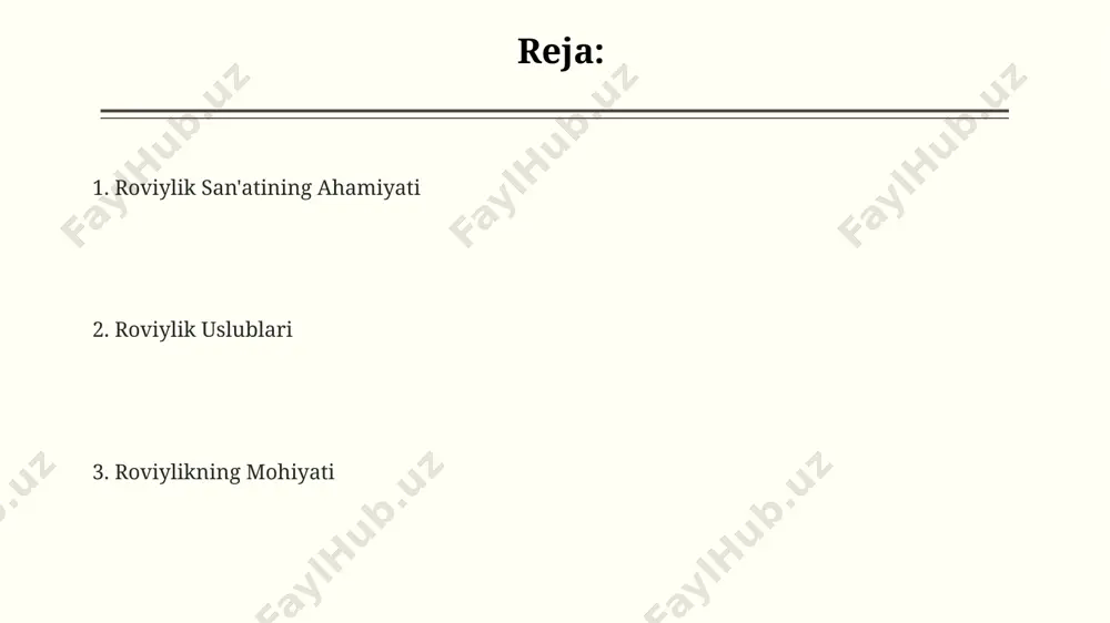 n'atining 15-asrda samarqand va buxoro kabi yirik shaharlarda 20 dan ortiq turli maktablari mavjud bo'lib, har biri o'ziga xos uslub va an'analarga ega edi. 19-asr oxiri va 20-asr boshlarida, rossiya imperiyasi ta'siri ostida, roviylik san'ati o'zgarishlarni boshdan kechirdi va ba'zi an'anaviy elementlar yo'qola boshladi, biroq 10 dan ortiq asarlar saqlanib qoldi. roviylik va jamiyat roviylik an'anasi samarqand va buxoro kabi shaharlarda 15-asrda 200 dan ortiq hikoya aytib beruvchilar bilan gullab-yashnagan, ularning ijodlari jamiyatning madaniy boyligini aks ettiradi. sovet davrida roviylik san'ati ta'qib ostiga olingan bo'lsa-da, 20-asrning 70-yillaridan boshlab 10 ga yaqin yangi roviylar paydo bo'lib, an'anani tiklashga harakat qilishgan. 19-asr oxirida toshkentda roviylar jamoalari shakllanib, 50 dan ziyod afsona va dostonlarni saqlab qolishgan, bu esa milliy merosimizning muhim qismi hisoblanadi. e'tiboringiz uchun rahmat @taqdimot_robot
