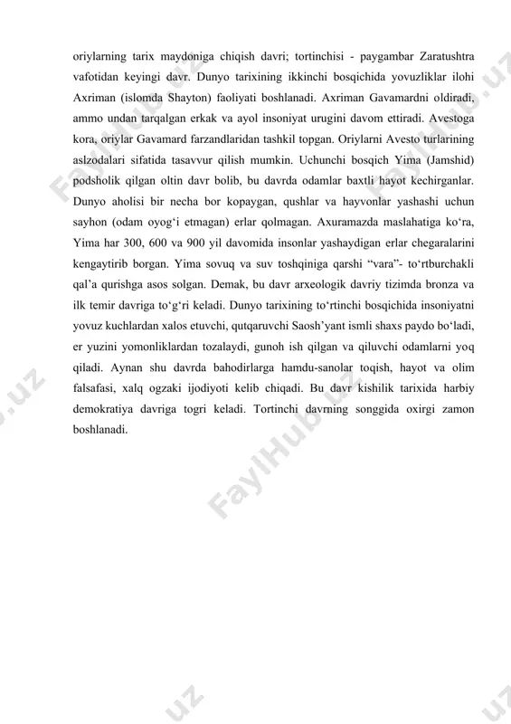 r kishilik tarixida �harbiy demokratiya davriga� to�g�ri keladi. to�rtinchi davrning so�nggida �oxirgi zamon� boshlanadi. qadimgi yozma manbalarda o’zbekiston hududiga oid ma’lumotlar qadimgi yozma manbalarda uchraydigan toponimikalar zaratushtraning diniy axloqiy falsafasida iymonli bo�lish, buning uchun doimo toza, pok yurish, iblislarga qarshi harakatlar qilish, gunoh qilmaslik, ezgu fikr, ezgu so�z, ezgu amallar bilan yashash har bir zardushtiyning kundalik hayot faoliyatining mazmun va mohiyatini tashkil etish kerak. axuramazda bashoratlarida jahannam �hayotning eng yomon onlari�, osmon esa �ruhning eng yuksak holati� sifatida ifodalanadi. olamdagi yomonlik va yovuzliklar odamlarning iymonsizligidan kelib chiqadi. ularni bartaraf etish, bu istiqboldagi vazifa bo�lib, iymonli kishilar bularni bartaraf etishda faollik ko�rsatishlari kerak, deyiladi.zardushtiylik dinida iymon uch tayanchga asoslanadi: fikrlar sofligi, so�zning sobitligi, amallarning insoniyligidir. avestoda �bergan so�zning uddasidan chiqish, unga sodiq qolish, savdo-sotiq va shartnomalarga qatiy amal qilish, qarzni o�z vaqtida to�lash, aldamchilik va hiyonatdan xoli bo�lish iymonlilik alomatidir� deyilgan. zaratushtra falsafasiga ko�ra, odam o�lgach, uning ruhi 3 kun o�z …
