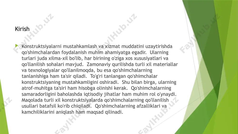 tsiyasi uchun esa boshqa turdagi qo'shimchalardan foydalaniladi. pollarda esa, masalan, mustahkamlikni oshiruvchi qo'shimchalar qo'llanishi mumkin. devor va pollardagi qo'shimchalarning turi va miqdori konstruktsiyaning turi, ishlatilgan materiallar va atrof-muhit sharoitlariga bog'liq. to'g'ri tanlangan qo'shimchalar devor va pollarning sifati va xizmat muddatini yaxshilaydi. noto'g'ri qo'llanilganda esa, aksincha, salbiy ta'sir ko'rsatishi mumkin. devor va pollardagi qo'shimchalar qo'shimchalarning samaradorligi ularning konstruktsiyaning mustahkamligini, chidamliligini va boshqa xususiyatlarini qanchalik yaxshilashini ko'rsatadi. samaradorlikni baholashda laboratoriya sinovlari va amaliy kuzatishlar natijalari hisobga olinadi. qo'shimchalarning iqtisodiy jihatlari ularning narxi va qo'llanilish xarajatlarini o'z ichiga oladi. samarali qo'shimchalar konstruktsiyaning xizmat muddatini uzaytirib, ta'mirlash xarajatlarini kamaytiradi. biroq, ba'zi qo'shimchalar juda qimmat bo'lishi mumkin. shuning uchun qo'shimchaning samaradorligi va iqtisodiy jihatlarini muvozanatlashtirish kerak. qo'shimchaning tanlanishi konstruktsiyaning turi, ishlatilgan materiallar va byudjetga bog'liq. to'g'ri tanlangan qo'shimchalar konstruktsiyaning umumiy xarajatlarini kamaytirishi mumkin. qo'shimchalarning samaradorligi va iqtisodiy jihatlari qo'shimchalar juda xilma-xildir va ularning har biri o'ziga xos vazifani bajaradi. masalan, suvni kamaytiruvchi qo'shimchalar beton aralashmasida …