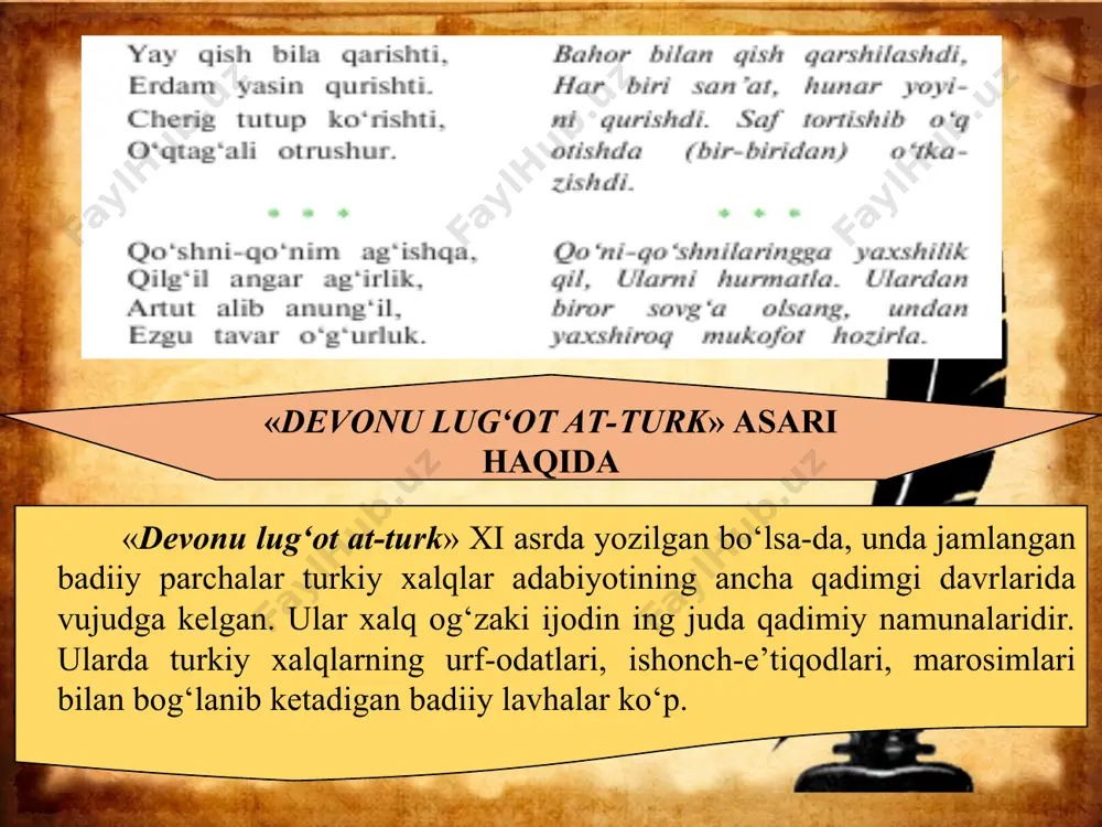 i insonga xos tuyg‘ular tabiatga nisbat berilmoqda. adabiyotshunoslikda bu hodisaning nomi jonlantirish deyiladi. mahmud koshg‘ariy keltirgan «qish va bahor» munozarasida ana shu tasvir vositasi asosiy o‘rin tutadi. har ikki fasl to‘la «tilga kiradi». ular bir-biriga tegishli bo‘lgan xususiyatlarni go‘yo «fosh etadi». bunda biroz bo‘lsa-da, kuzatuvchi-muallif nuqtayi nazari ham ko‘rinib qoladi.