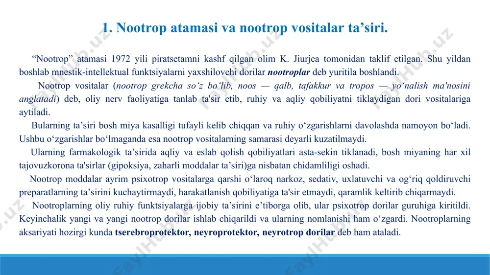 tadi. epileptik o‘choqda gamk miqdorini mo‘tadillashishi tufayli aminalon tutqanoq xastaligi xurujlarini kamaytiradi. aminolon ayniqsa qon bosimi yuqori bo‘lgan hollarda uni tushiradi. qonda qand miqdorini mo‘tadillashtiradi, ya’ni oshgan bo‘lsa kamaytiradi. kam bo‘lsa oshiradi (glikogenolizni kuchaytiradi). ta’siri sekin rivojlanadi, davolash bir necha oy davom etadi. qo‘llanilishi. bosh miya qon aylanishining buzilishi tufayli yuzaga kelgan aqliy etishmovchilik (tanqislik), ateroskleroz, insultlardan keyingi holatlar, miyaning lat yeyishi, jarohatlari. alkogol tufayli yuzaga kelgan aql pastlik (telbalik), tug‘ma aql pastlik, tutqanoq xastaligi, gipertoniya. aminalon 0,25 g dan, kukun, tabletkalar shaklida ishlab chiqariladi. ovqatdan so‘ng 0,5— 1,25 g dan kuniga 3 marta ichiladi. piratsetam (pyracetamum, nootropilum). ta’siri aminolonga o‘xshash, lekin harakatga ta’sir etmaydi, uyqu chaqirmaydi, og‘riqsizlantiruvchi vositalar ta’sirini kuchaytirmaydi. kimyoviy tuzilishi siklik gamkga o‘xshaydi. zaharsiz. gebdan yaxshi o‘tadi. organizmdan o‘zgramagan holda ajratiladi. aminolonga o‘xshab qo‘llaniladi. pirasetam 0,4 g dan kukun holida kapsulada, 20% li eritmasi 5 ml dan ampulada ishlab chiqariladi. ovqatdan so‘ng 1—2 kapsuladan kuniga 3—4 marta …