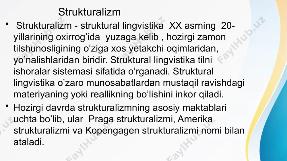 ilan bog’lab tahlil qilishni ko’zda tutadi. l. elmslev f. de .sossyurning til va nutq antinomiyasiga munosabat bildirar ekan , u nutqni individual jarayon( akt) sifatida tushunib, unga sxema - til sxemasi, norma- til normasi va uzus - til uzusini zid qo’yadi. sxema - til sxemasi o’zining ijtimoiy amalga oshirish va moddiy voqealanishiga bog’liq bo’lmagan alohida sof normadir. l. elmslev konkret , idividual nutq aktining til uzusi bilan yaqindan zich aloqada ekanligini , uning til uzusi bilan tilning moddiy jihatini tashkil qilishini alohida qayd etadi. glossematiklarning g’oyaviy rahbari l.elmslev f. de sossyurning ta’imotidagiifodalanuvchi va ifodalovchi antinomiyani - ushbu terminlarni mazmun plani va ifoda plani terminlari bilan almashtiradi. amerika strukturalizmi amerika strukturalizmi xx asrning 20- 30- yillarida amerika mahalliy aholisining tilini o’rganish natijasida maydonga keldi. amerika strukturalizmi - deskriptiv tilshunoslik nomi bilan yuritiladi, tilga belgilar sistemasi sifatida qaraydi, tilshunoslikda tovush va ma’noni farqlaydi amerika strukturalizm maktabi asoschisi frans boasdir. f. boas boshlab …