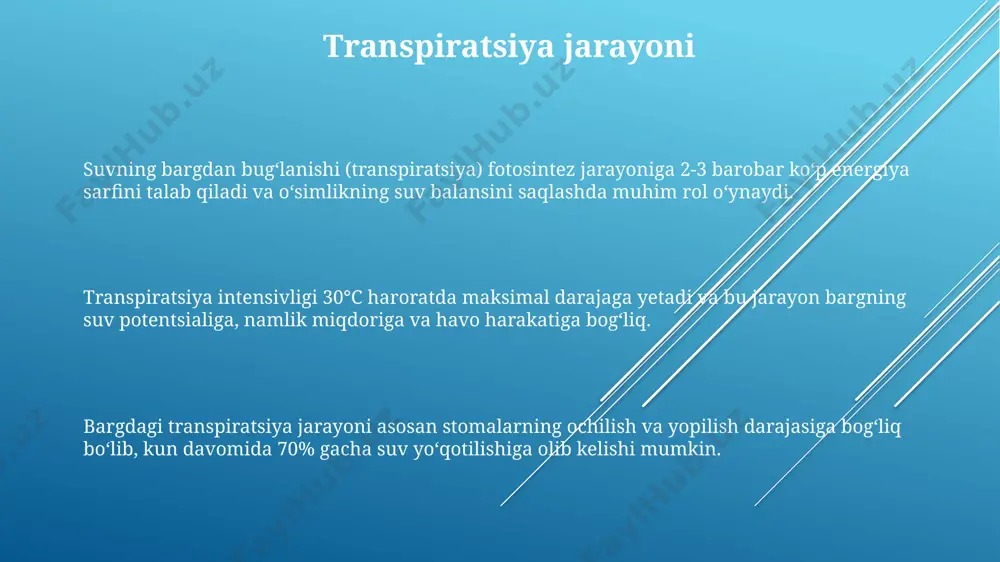 masalan, cho'l o'simliklarida kutikula qalinroq bo'ladi. barg epidermisining bir qatlamli hujayralari kutikula qatlami bilan qoplanib, suv yo'qotilishini 30-50% ga kamaytiradi va o'simlikni ultrabinafsha nurlaridan himoya qiladi. bargning morfologiyasi barg shakli, kattaligi, chekkasi (butun, tishli, tishsimon), toʻqimasi (teri, qalin, yupqa) va yuzasi (silliq, tukli) kabi morfologik xususiyatlari oʻsimlik turlarining aniqlanishida muhim ahamiyatga ega. bargning morfologiyasi barg plastinkasi, petiole (band) va ba’zan stipula (qo’shimcha bargchalar) kabi uchta asosiy qismdan iborat boʻlib, ularning oʻzaro nisbati turli oʻsimliklarda farq qiladi. bargning nervulyatsiyasi (tomirlanishi) parallel, toʻrsimon, yoysimon va boshqa turdagi boʻlib, 3 dan ortiq asosiy tomirlarga ega boʻlishi mumkin, bu esa oʻsimlikning suv va ozuqa moddalarini tashish tizimini aks ettiradi. bargning umumiy tavsifi barg barglari odatda 5-7 sm uzunlikda va 2-4 sm kenglikda bo'lib, elliptik yoki tuxumsimon shaklga ega, chekkalari mayda tishli yoki to'lqinli bo'ladi. bargning anatomik tuzilishi mezofilning palisad va sünger qatlamlaridan iborat bo'lib, 2-3 qator palisad hujayralari va ko'plab havo bo'shliqlariga ega sünger …