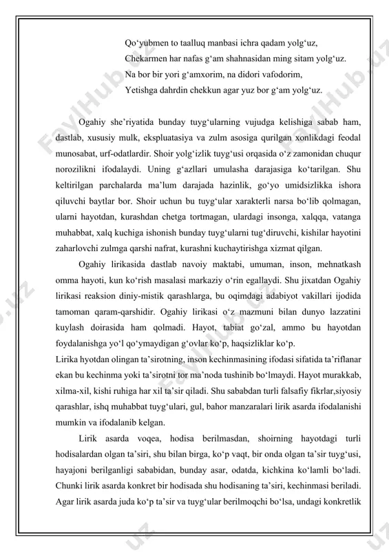 mkin va ifodalanib kelgan. lirik asarda voqea, hodisa berilmasdan, shoirning hayotdagi turli hodisalardan olgan ta’siri, shu bilan birga, ko‘p vaqt, bir onda olgan ta’sir tuyg‘usi, hayajoni berilganligi sababidan, bunday asar, odatda, kichkina ko‘lamli bo‘ladi. chunki lirik asarda konkret bir hodisada shu hodisaning ta’siri, kechinmasi beriladi. agar lirik asarda juda ko‘p ta’sir va tuyg‘ular berilmoqchi bo‘lsa, undagi konkretlik yo‘qoladi, shu bilan hayajon ta’siri zaiflashadi; bu ta’sir ifodasidan yana bir ta’sir ifodasiga ko‘chishda shoir didaktikaga, hatto ritorikaga berilib ketadi. shu yo‘sinda lirikaga xos yurakni qitiqlovchi,, to‘lqinlantiruvchi ta’sir pasayadi. ijodning boshqa xillarida bo‘lgani singari, lirik asarda ham shoirning ijodiy ishi ongli, uning ma’lum kuzatgan maqsadi asosida hayotga munosabati shubxasiz. lirikada, ayniqsa, subyektiv payt kuchli. shunday qaraganda, lirik asarda go‘yo faqat shoir tuyg‘usi-ichki dunyosi beriladi. lekin masala bunday emas. lirik asarni shoirning shaxsiy hayoti yoki biografiyasi bilan bog‘lab qarash bilan masalani hal qilib bo‘lmaydi. shoir o‘zi inson siqatida jamiyat ichida yashaydi, uning qarashlari jamiyatdagi …