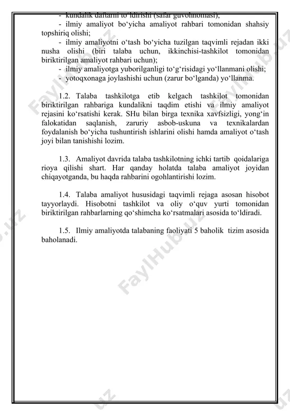 so`rovnomalar o`tkazish. 9. kafedra professor o`qituvchilarining ma`ruza va seminar mashg`ulotlarini tashkil qilish ulardan pedagogik mahorat va pedagogik texnologiyalarni mashg`ulotlar jarayonida qo`llashni o`rganish. 10. magistrlik dissertatsiya ishiga doir psixologik metodikalarni o`smir yoshlar o`rtasida o`tkazish va natijalarni qayta ishlash. 11. tadqiqot natijalarini magistrlik dissertatsiyada ko‘rsatib o‘tish 12. ilmiy amaliyot bo‘yicha hisobot tayyorlash 13. ilmiy amaliyot bo‘yicha hisobot tayyorlash 14. ilmiy amaliyot bo‘yicha hisobot tayyorlash 15. ilmiy amaliyot bo‘yicha hisobot tayyorlash amaliyot rahbarlar: ____________________ ____________ “____”_________2024 y. oliy o‘quv yurtidan: ____________________ ____________ “____”_________2024 y. tashkilotdan: _____________________ ____________ “____”_________2024 y. amaliyot davrida bajarilgan ishlar hafta-lar hafta davomida bajarilgan ishlar tashkilot tomonidan birikti-rilgan rahbar imzosi 1 2 3 hafta-lar hafta davomida bajarilgan ishlar tashkilot tomonidan birikti-rilgan rahbar imzosi 4 5 6 hafta-lar hafta davomida bajarilgan ishlar tashkilot tomonidan birikti-rilgan rahbar imzosi 7 8 9 hafta-lar hafta davomida bajarilgan ishlar tashkilot tomonidan birikti-rilgan rahbar imzosi 10 11 12 hafta-lar hafta davomida bajarilgan ishlar tashkilot tomonidan birikti-rilgan …