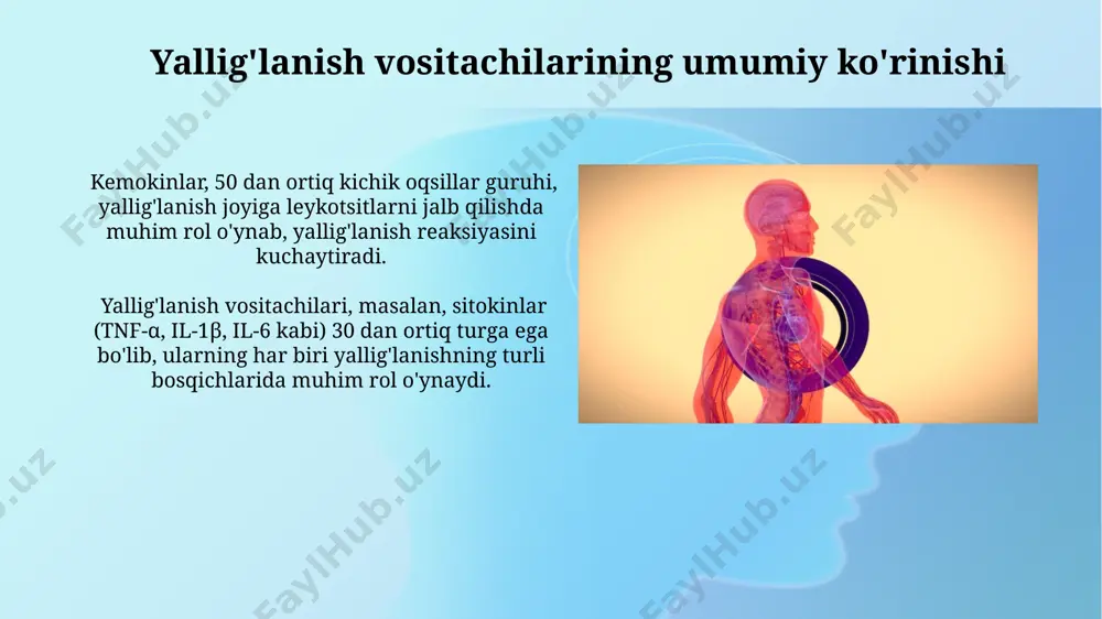 ni bostiradi; bu ikki sitokinning nisbati yallig'lanishning oxirgi natijasini aniqlaydi. prostaglandinlar ba'zi prostaglandinlar, masalan, pge2, qon tomirlarini kengaytirib, shish va qizarishni keltirib chiqaradi, boshqalari esa trombotsitlar agregatsiyasini inhibe qiladi. prostaglandinlar cox-1 va cox-2 fermentlari yordamida arakidon kislotasidan hosil bo'ladi, ularning 20 ga yaqin turli xil turlari mavjud bo'lib, yallig'lanish, og'riq va isitmani tartibga soladi. yallig'lanish vositachilarining klinik ahamiyati yallig'lanish vositachilari darajalarini aniqlash, masalan, crp (c-reaktiv oqsil) 5 mg/l dan yuqori bo'lishi infektsion yoki yallig'lanish kasalliklarining mavjudligini ko'rsatadi. yallig'lanish vositachilarining - prostaglandinlar va leykotrienlarning inhibitorlari yallig'lanishga qarshi preparatlar sifatida og'riq va shishni kamaytirishda, 20% dan ortiq samaradorlik bilan ishlatiladi. e'tiboringiz uchun rahmat @taqdimot_robot image2.jpg image3.jpg image4.jpg image5.jpg image6.jpg image7.jpg image8.jpg image9.jpg image10.jpg image11.jpg image12.jpg image13.jpg image14.jpg image15.jpg image16.jpg image17.jpg image18.jpg image1.png
