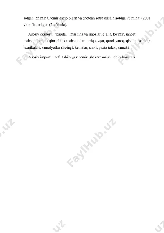 ilik mahsulotlari, oziq-ovqat, qurol-yaroq, qishloq xo’jaligi texnikalari, samolyotlar (boing), kemalar, sholi, paxta tolasi, tamaki. asosiy importi : neft, tabiiy gaz, temir, shakarqamish, tabiiy kauchuk.