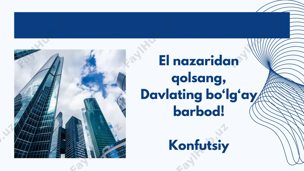 buyruq beribdi. bu shoh bir filga o‘tirib, sahroda yurganida to‘xtab, qizil kiyganlarni oldiga chaqirtirib olarkan. ular ham baland ovozda o‘z ahvollarini aytib berarkanlar va podshoh ularga javob qaytararkan. o‘sha zamonda bunday ehtiyotkorlik shoh uchun biror bir narsa qorong‘i qolmasligi uchun qilinarkan. nizomulmulk, “siyosatnoma” (“siyar ul-muluk”) fikrimizni tasdiqlaymiz “ijtimoiy davlat” tushunchasi “inson qadri” tushunchasi bilan chambarchas bog‘liq bo‘lib, ushbu g‘oyaning tub negizida, avvalo, inson qadrini ulug‘lash, aholiga xizmat qilishdek oliyjanob maqsad mujassam. ijtimoiy davlat — har bir inson uchun farovon turmush darajasi, sifatli taʼlim, kafolatli tibbiy xizmat, munosib mehnat sharoiti va adolatli ish haqi, pensiya va nafaqalar, ijtimoiy yordam va xizmatlar tizimi yaratilgan, uy-joyli boʻlish sharoiti mavjud boʻlgan, ijtimoiy tafovutlarni yumshatishga qaratilgan davlat modelidir. e’tiboringiz uchun rahmat!