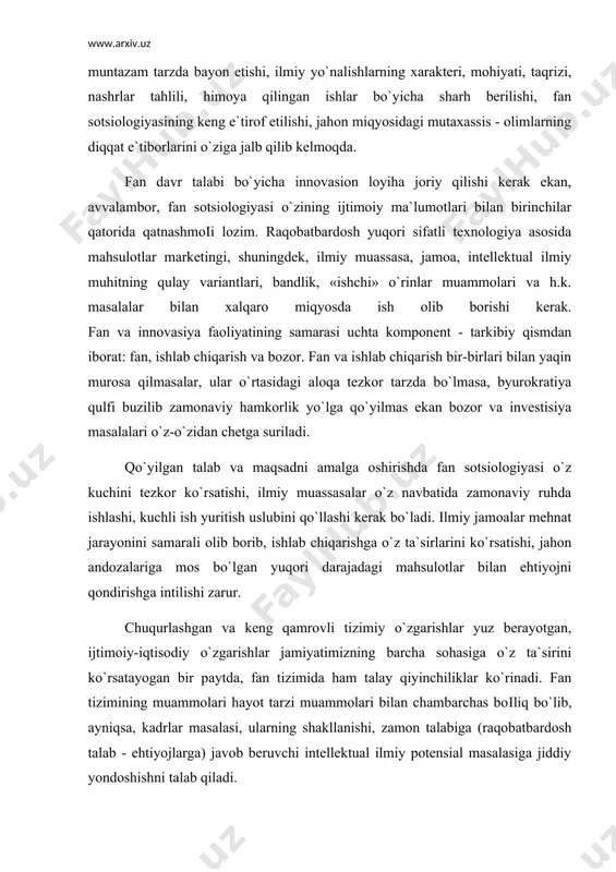 fan tizimining muammolari hayot tarzi muammolari bilan chambarchas boіliq bo`lib, ayniqsa, kadrlar masalasi, ularning shakllanishi, zamon talabiga (raqobatbardosh talab - ehtiyojlarga) javob beruvchi intellektual ilmiy potensial masalasiga jiddiy yondoshishni talab qiladi. shuni aytish joizki, mutaxassis ilmiy xodimlarning boshqa sohalarga ishga ketib qolishi, ya`ni ilmiy potensialning buzilishi fanni har tomonlama tahlil qilish, rivojlanish yo`llarini izlashga majbur qiladi. binobarin, ilmiy potensialning soni va sifati fan rivojining bosqichi va natijasiga bevosita ta`sir qiladi. xodimlarni turli xil tamoyillarga asosan quyidagicha baholash mumkin: 1. mutaxassislik mezoni. bunda mutaxassis ilmiy xodimlarning fan tarmoqlari va mutaxassisligi bo`yicha taqsimlanishi ifodalanadi. 2. institusional mezon. bunga ilmiy darajali mutaxassislarning fan tarmoqlari, ijtimoiy institutlarga taqsimlanishi kiradi. o`z navbatida institusional qismlarni: a) oliy o`quv yurtlari; b) o`rfa ning ilmiy tadqiqot institutlari; v) tarmoq vazirliklarining oliy o`quv yurtlari va tadqiqot institutlari; g) boshqaruv tizimlari (huquq tartibot, ijrochi, sud organlari); d) moliya-xo`jalik tashkilotlari va tizimlari tashkil etadi. 3. ilmiy faoliyat va o`ziga xoslik mezoni. …