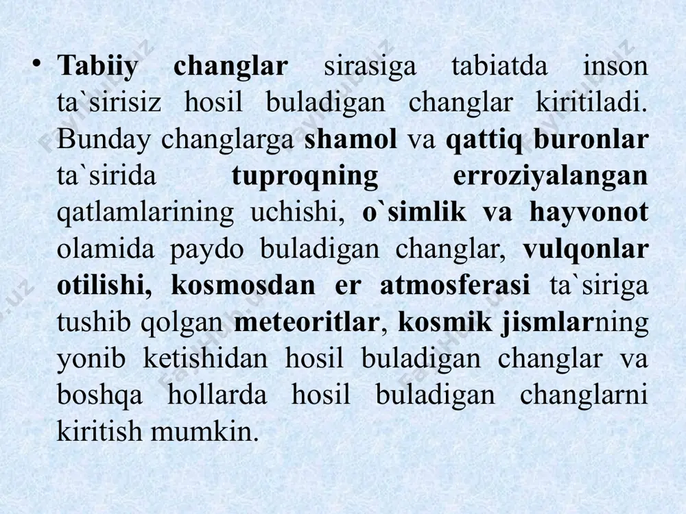atligi uchun yashab turgan va ishlayotgan yeridagi havoning toza va kislorodga boy bo'lishi katta ahamiyatga ega. agar havo har xil zararli chang va bug'lar bilan ifloslangan bo'lsa, ularning malum miqdori havo bilan o'pkaga qadar yetib borishi mumkin. chang zarrachalarining dam olish yo'llarida ushlanib qolishi yoki o'tib ketishi ularning o'lchamlariga bog’lik. agar chang zarrachalarining olchami 10 mkm va o'ndan yirik bo'lsa, ular yuqori dam olish yo'llari burin boshligi, kegirdak va shilimchiq qavatidan keyingi havo o'tgazuvchı - bronxlarda, ushlanib qoladi. biroq 10 mkm dan kichkina zarrachalar ayniqsa 0, 5 ten 7 mkm ga qadar bolganlari ota qavfli hisoblanib, dam olish yo'llariniing oxirgi bo'lagi hisoblanadigan o'pka olveo devorlariga qadar ya'ni asosiy havo olmashadigan yerga qadar yetib boradi. u yerdan havo bilan qaytib chıqısh imkoniyatı deyarli nolge teng, sababi chang zarrachalari namlangan bo'ladi va setka tárizli tarmoqlanib ketgan bronx devorlaridagi notekis yerlarda shókib qola varadi. havodagi chang muqdorini anıqlash asosan anıq asboblar yordamida olchash …