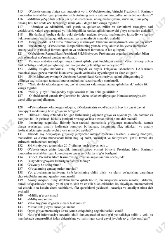 ari deklaratsiyasi” qachon va qaysi tashkilot tomonidan qabul qilingan? 52. mutaasiblik keng ma’noda nimani anglatadi? 53. mafkuraraviy immunitet tushunchasini aniqlang. 54. “xabaes korpus” institutining mazmun-moxiyati to’g’ri berilgan javobni toping. 55. vijdon erkinligining mohiyati nima? 56. mafkuramiz tom ma’nodagi milliy mafkuraga aylanishi uchun quyidagi qaysi talablarga javob berishi kerak? 57. birinchi prezidentimiz i. karimovning “yuksak ma’naviyat yengilmas kuch” asarida globallashuv tushunchasiga qanday ta’rif bergan? 58. o’zbekiston respublikasining «kadrlar tayyorlash milliy dasturi to’g’risida»gi qonun qachon qabul qilingan? 59. . millatlararo totuvlik g’oyasi quyidagilardan qaysi birini to’g’ri xal qilishga yordam beradi? 60. millatlararo totuvlik g’oyasini amalga oshirishda g’ov buladigan eng xatarli to’siqni aniqlang. 61. xilma –xil diniy e’tiqodga ega bo’lgan kishilarning bir zamin, bir vatanda olijanob g’oya va niyatlar yo’lida xamkor va xamjixat bo’lib yashashini qayday g’oya deyiladi? 62. quyidagilardan milliy istiklol g’oyasi va mafkurasining jaxondagi andozalariga, xalqaro huquq qoidalariga to’la mos keladigan tamoyillarini aniqlang. 63. i. karimov “yuksak ma’naviyat yengilmas kuch” asarida …