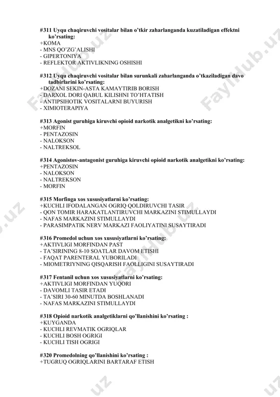 ing: + opioid reseptorlarining qisman agonisti - opioid reseptorlarining antagonisti - aktivligi morfindan yuqori - yallig’lanishga qarshi ta’sir # 322 morfindan o’tkir zaxarlanishda kuzatiladigan effektni ko’rsating: + nafasning susayishi - keskin psixomotor qo’zg’alish - keskin midriaz - tana haroratini ko’tarilishi # 323 morfindan o’tkir zaharlanishda ko’rsatiladigan yordam: + naltrekson yuborish - gipotenziv vositalarni yuborish - promedol yuborish - barbituratlar yuborish # 324 salisil kislotasi unumiga mansub noopioid (nonarkotik) analgetikni ko’rsating: + asetilsalisilat kislota - parasetamol - tramadol - indometasin # 325 noopioid(nonarkotik)analgetik vositalarni haroratni tushirishga xos effektini ko’rsating: + siklooksigenazani ingibirlovchi - xaroratni pasaytiruvchi - ter ajralishini kamaytiradi - issiqlik hosil bo’lishini ko’taradi # 326 analgin uchun xarakterli xususiyatlarini ko’rsating: + og’riqni pasaytiruvchi - nafas markazini susaytiradi - siydik hosil bo’lishini stimulaydi - mit da so’rilishi qiyin # 327 noopioid(nonarkotik)analgetik og'riq qoldiruvchi xos xuxusiyatlarni ko’rsating: + analgetik ta’siri pastligi - uxlatuvchi ta’siri yaqqolligi - nafas pasayishini chaqiradi - o’rganishni chaqiradi …