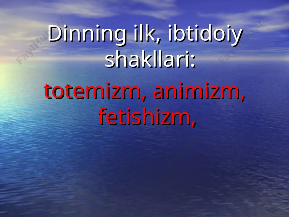 ingan inson kabibuning isbotiruh nafaqat borodamlar, lekin daryolar, tog'lar yaqinida,o'rmonlar, ya'ni tom ma'nodahamma narsa. animizm aniq animistic e'tiqodlar tasvirlar paydo bo’ldi suv parilari, gnomlar,suv, peri. animizm animizmda ko'plab marosimlar mavjud va kultlar.eng keng tarqalganlarga bunga quyidagilar kiradi: dafn marosimi,ajdodlarga sig'inish, boshlash marosimi,agrar kult. fetishizm fetishizm –sehrli narsalarga ishonish ob'ektlarning xususiyatlari: yog'och qismlari,turli xil raqamlar,toshlar, tumorlar va h.