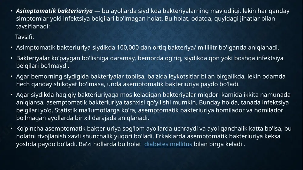 jinsiy organlarda patogen mikroflora intensiv ravishda ko'payadi, organizm begona mikroblarning mavjudligiga o'rganib qoladi va ularga yomon munosabatda bo'ladi. mikroorganizmlar siydik tizimiga kirib, bakteriuriyani keltirib chiqaradi. doimiy kateterning mavjudligi. ushbu tibbiy asbobning mavjudligi yallig'lanish reaktsiyasini to'xtatadi. asemptomatik bakteriuriya kateterlangan ayollarning 50% va erkaklarning 40% da kuzatiladi. kam harakatchanlik. yotgan bemorlar va nogironlar aravachasi foydalanuvchilarida patologiyaning sababi siydikning turg'unligi hisoblanadi. ko'pincha asemptomatik bakteriuriya ko'p sklerozli bemorlarda aniqlanadi, bu bemorlarning to'rtdan biridan ko'prog'iga ta'sir qiladi; yashirin infektsiya orqa miya shikastlangan bemorlarning 98% da topiladi. qandli diabet. ushbu kasallik bilan infektsiyalarni, shu jumladan asemptomatik bo'lganlarni rivojlanish tendentsiyasi mavjud. siydikda mikroblarning paydo bo'lishi, shikoyatlar bilan birga bo'lmagan, bu kasallik bilan ayollarning 17,7 foizida va erkaklarning 2 foizida uchraydi. immunitet tizimining faoliyatining pasayishi. siydik chiqarish tizimida bakteriyalarning asemptomatik mavjudligi immunitet tizimini bostiradigan dori- darmonlarni qabul qilishga majbur bo'lgan organ transplantatsiyasi bilan og'rigan bemorlarda kuzatiladi. bu holat turli xil immunitet tanqisligi va saratonning ayrim turlari bilan birga …