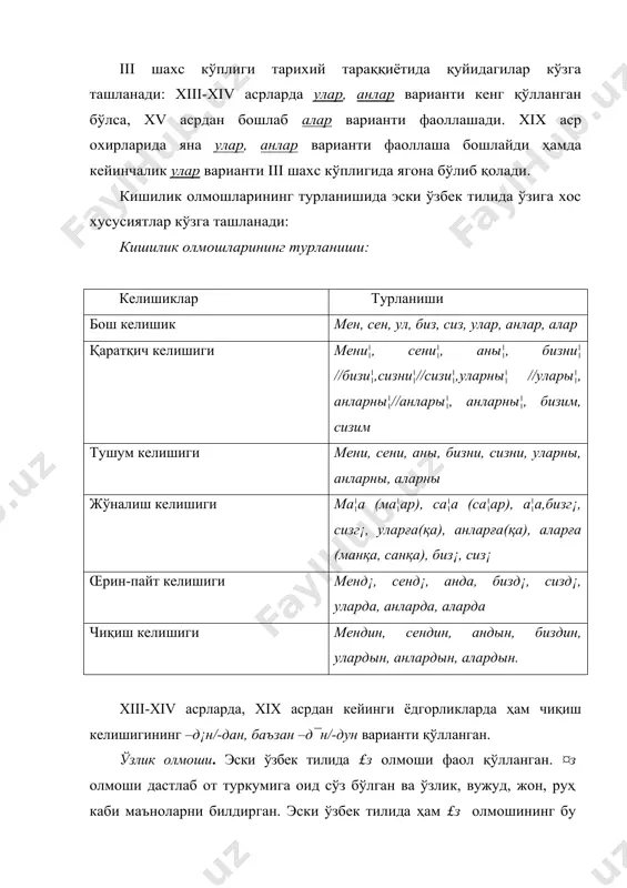 ҳбегимни¦ туққан набираси (бобур). кўрсатиш олмошлари. эски ўзбек тили ёзма манбаларида бу, бул, ул, ошал, ошул, шул, ушбу, ҳамул, баъзан у, уш, шу, шубу, ҳамун, ҳамин каби кўрсатиш олмошлари тузилиши жиҳатидан содда ҳамда мураккаб формалардан ташкил топган. содда кўрсатиш олмошлари: бу, ул(у), уш формаларидан иборат. бул, шул, (шу), ушбу, шубу, ошал, ошул, ошу, ҳамул сўзлари кўрсатиш олмошларининг мураккаб формаларини ташкил қилади. ҳамун, ҳамин, ҳамийн кўрсатиш олмошлари форс тилларидан ўзлашган. кўрсатилган даврларга оид ёзма манбаларда ҳар қайси кўрсатиш олмошининг истеъмол доираси, лексик-семантик ҳамда грамматик хусусиятлари турлича бўлган. бу кўрсатиш олмоши кенг кўламда қўлланган, нутқ пайтида мавжуд бўлган яқин масофадаги киши, нарса, ҳодисаларни кўрсатади: бу бэнава (лутфий), б у расадны (бн). олмошлар уч хил семантик вазифа бажарган: 1. дейктик вазифа, яъни соф кўрсатиш маъносини англатган: бу байтны оқубдур (навоий, мн). 2. анафорик вазифа, яъни олдин тилга олинган шахс, предметни кўрсатади: бу ҳам йахшы барды (бобурнома). 3. препратив вазифа, яъникейин тилга олинадиган предмет …