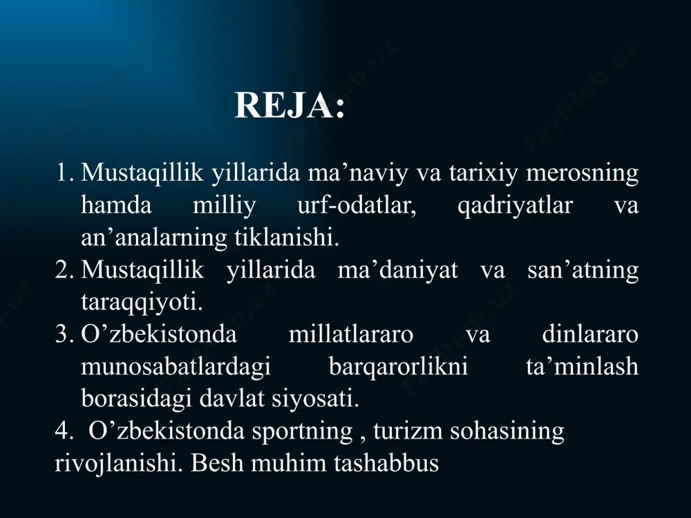 a munosib obru-e‘tibor topishimiz, maqsadlarga yo`naltirilgan yagona bayroq, yagona birlashtiruvchi kuch sifatida qaralmoqda. ma‘lumki, bizning davlatimizda hech bir mafkura davlat mafkurasisifatida o`rnatilishi mumkin emas. milliy mafkura jamiyatimizdagi qarashlar rang-barangligi, g’oyalar xilma-xilligini saqlagan holda, ularni bir-biri bilan kurashishga, baxslashuviga, har qanday partiya, harakat, har qaysi inson, fuqaroning fikrini erkin ifoda etish va uni ximoya qilishga ziyon va tazyiq ko`rsatmasligiga yo`naltirilgan. qoraqalpog‘iston respublikasi o‘zbekistonning shimoli-g‘arbiy qismida, amudaryoning quyi qismi, orol dengizining janubiy sohilida joylashgan. respublika janubi-g‘arb tomondan qoraqum sahrosiga tutashgan. uning shimoli-g‘arbida ustyurt pasttekisligi, shimoli-sharqiy tomonida esa qizilqum sahrosi yastanib yotibdi. orol dengizining janubiy hududi qoraqalpoq zaminida joylashgan. qoraqalpog‘iston umumiy yer maydoni 166,6 ming kvadrat kilometrdan iborat bo‘lib, u hududining kattaligi jihatdan o‘zbekiston respublikasi viloyatlari o‘rtasida birinchi o‘rinda turadi. respublikaning aholisi 1 881,9 ming kishidan ziyoddir. mustaqillikning dastlabki kunlaridanoq dunyo taraqqiyotiga, jahon tsivilizatsiyasiga katta xissa qo`shgan ajdodlarimiz - buyuk mutafakkirlar, davlat arboblari ma‘naviy merosini va hayotini o`rganish avj oldi. jumladan, imom buxoriy, …