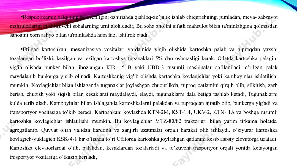 dan pomidorlarning bir tekis pishar navlarini-, asosan konservalash uchun ekilgan pomidorni terishda foydalanadi, bu kombayin pomidorni tupi bilan qirqib oladi, tupdan hosilni ajratib saralash 'trasporteriga uzatadi. shikastlanmagan pomidorlar kulda teriladi va bunkerga etkazib beriladi, bu kombayn ikki xil texnologik sxemada ishlashi mumkin: pomidorni saralab yoki saralamasdan terib olish. saralanmasdan terib olingan pomidorni trasport vositasiga yo’naltiradi va ularga spt-15 saralash punkitida ishlov beriladi. bu puknt pomidorlarni yuvishga, etilganligiga qarab saralashga va shikastlanganlarini ajratishga mo’ljallangandir. msk-1 karam uzish kombayni karamni mexanizasiya yordamida yalpi uzib olishga mo’ljallangan. bunda kararn boshlari tovar holiga keltirilib yoki butunlayicha uzib olinib, bir yo’la transport vosytalariga ortiladi. kombayn ish unumi 0,18 ga/soat bo’lib, 14 kn sinfdagi traktorlar bilan agregatlanadi. lgk-1,4 groxotli piyoz kavlagich piyozlarni ikki fazali usul bilan kovlab olishga mo’ljallangan. asosiy ishchi organlari: kavlagich lemexi, ikkita g'alvirli groxot, kesak zzgich, girasion groxot, qayrilma transportyor va bo’shatish elevatori. lemexiar tuproq qatlamini piyoz bilan birgalikda kavlab groxotga uzatadi. bunda …