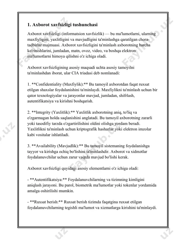 dir. 2. axborot xavfsizligi strategiyalari axborot xavfsizligi strategiyalari butun dunyo bo'ylab kompaniyalar va tashkilotlar uchun muhim masala hisoblanadi. ushbu strategiyalarni ishlab chiqishning asosiy maqsadi ma'lumotlarning maxfiyligini, butunligini va mavjudligini ta'minlashga qaratilgan. quyida axborot xavfsizligi strategiyalari haqida muhim ma'lumotlar keltiriladi. birlamchi maqsad axborot xavfsizligini kafolatlash uchun strategiyalarni aniq belgilashdir. odatda, axborot xavfsizligi strategiyalari uch asosiy elementni o'z ichiga oladi: maxfiylik, butunlik va mavjudlik. maxfiylikni ta'minlash ma'lumotlarni faqat ruxsat etilgan shaxslar ko'rishi yoki o'qishi mumkin bo'lishini anglatadi. butunlik ma'lumotlarning ishonchliligi va aniqligini ta'minlashni anglatadi. mavjudlik esa ma'lumotlarga kerak bo'lganda kirish imkoniyatini ta'minlaydi. 2020-yilda dunyo bo'ylab kiberyurishlar soni sezilarli darajada oshdi. nishonga olinayotgan tashkilotlarning 39 foizi ichki hujumlar tufayli zarar ko'rdi. ular orasida parol va kirish axborotlarini qo'lga kiritish yoki ijtimoiy muhandislik (social engineering) usullaridan foydalanish yo'li bilan sodir etilgan hujumlar mavjud. ma'lumotlarga ko'ra, o'rtacha bir ma'lumotni yo'qotish hodisasining kompaniyalarga etkazadigan zarar o'rtacha 3,86 million aqsh dollarini tashkil etgan. axborot xavfsizligi strategiyalari ishlab …